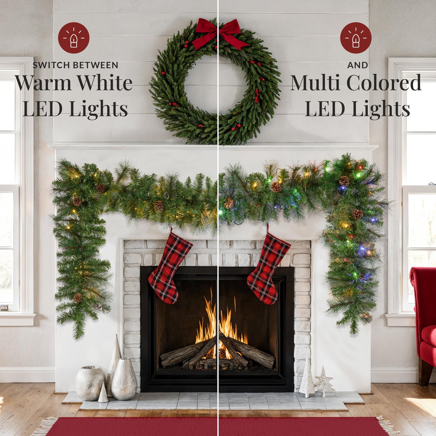 9Ft Pre-Lit Christmas Garland W/ 2-In-1 Led Lights