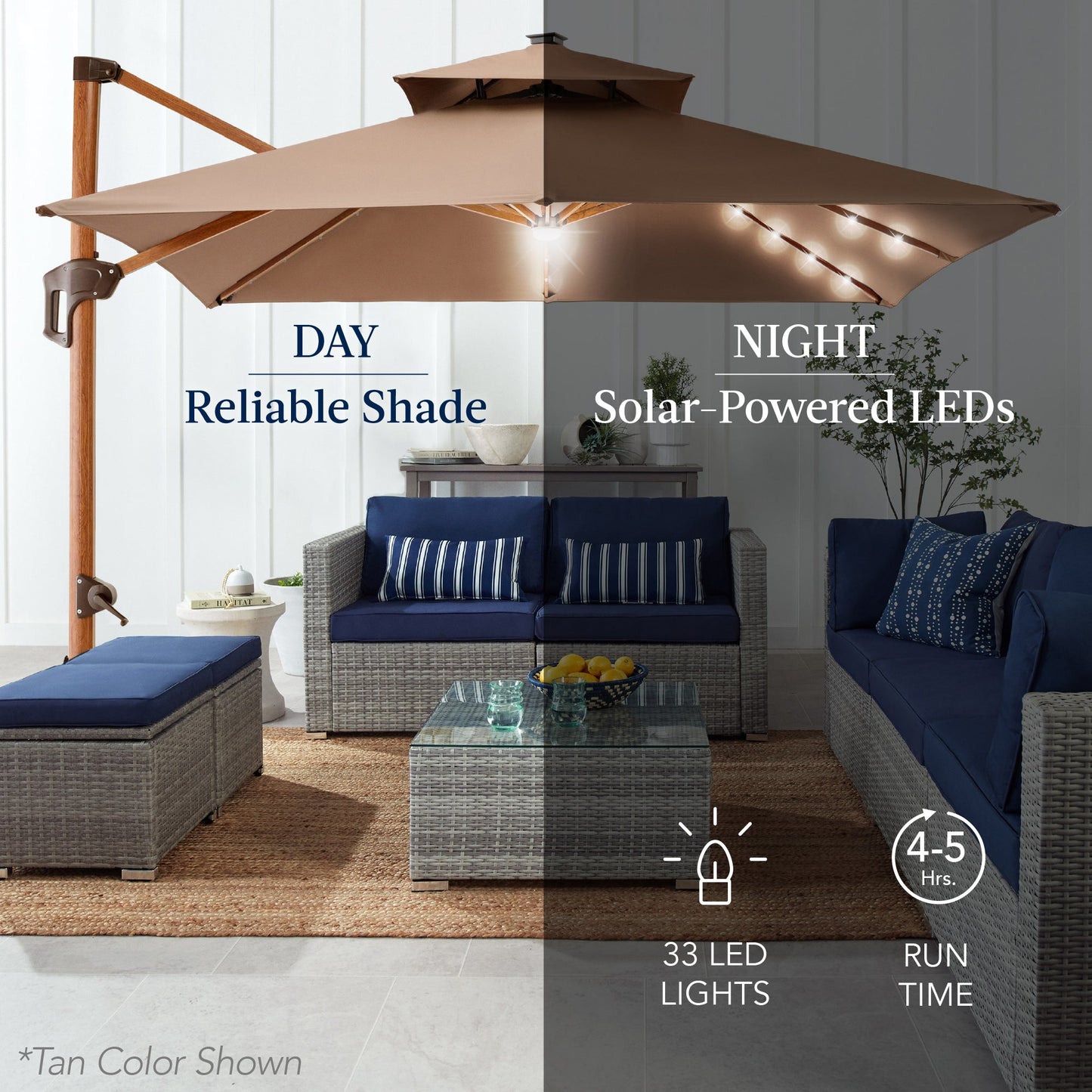 Woodgrain Pattern 2-Tier Outdoor Solar LED Cantilever Umbrella - 10x10ft