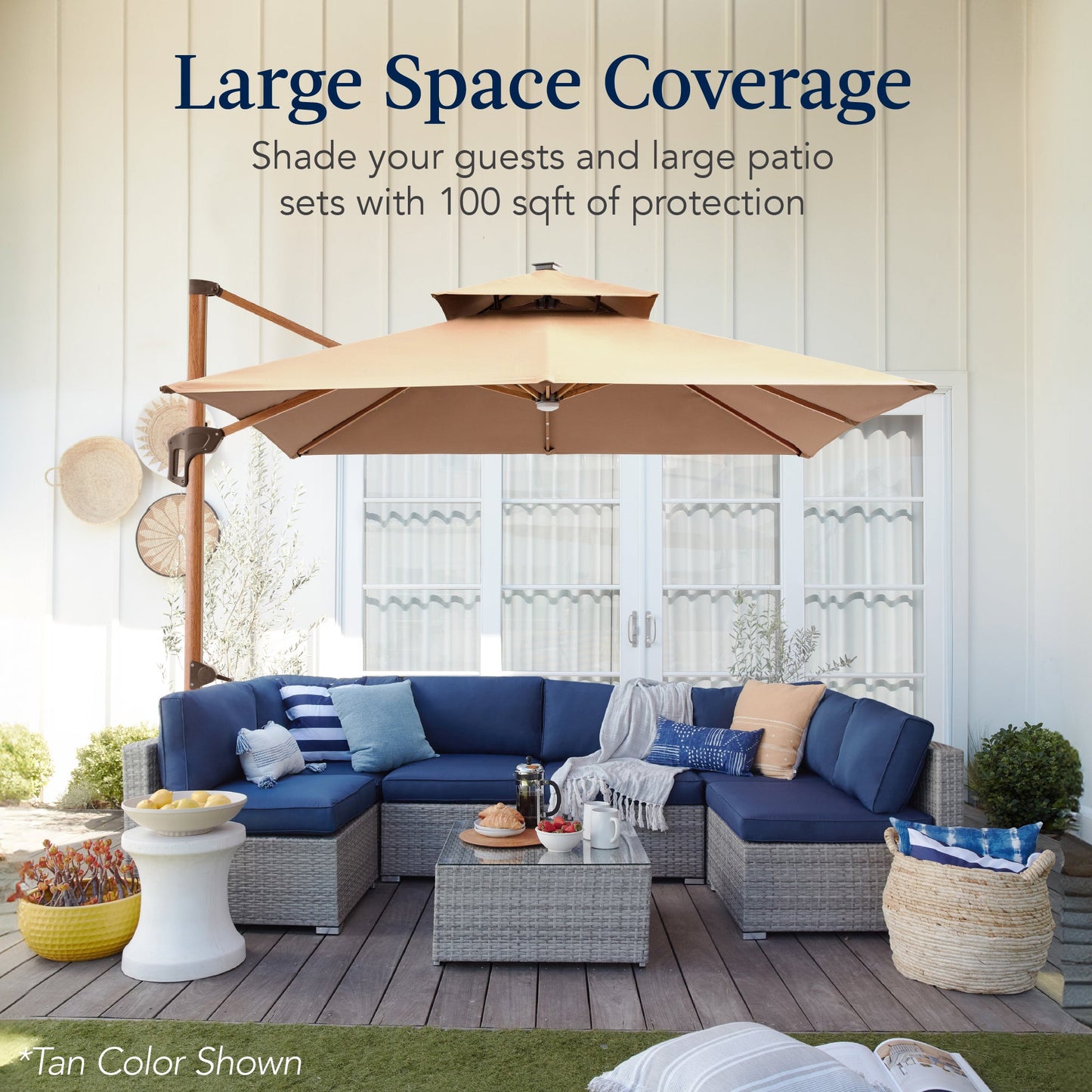 Woodgrain Pattern 2-Tier Outdoor Solar LED Cantilever Umbrella - 10x10ft
