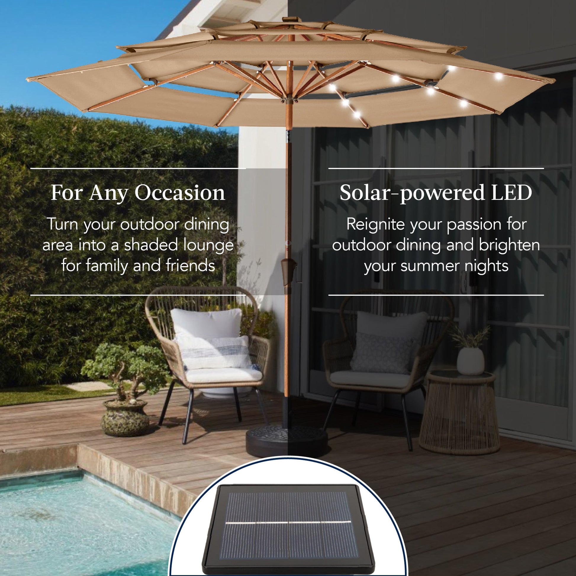 3-Tier Woodgrain Pattern Solar Patio Umbrella, Tilt Adjustment - 10ft