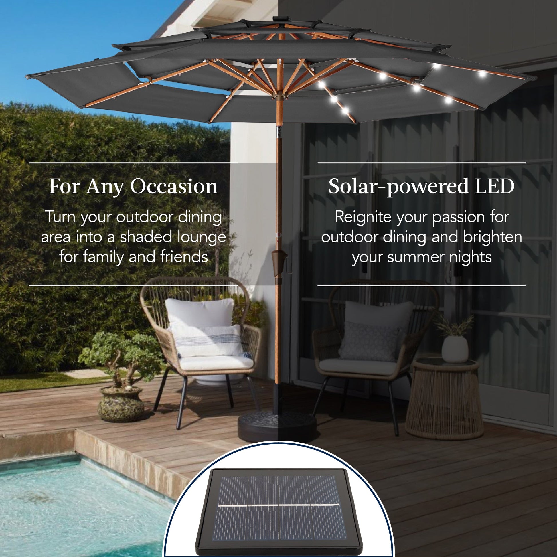 3-Tier Woodgrain Pattern Solar Patio Umbrella, Tilt Adjustment - 10ft