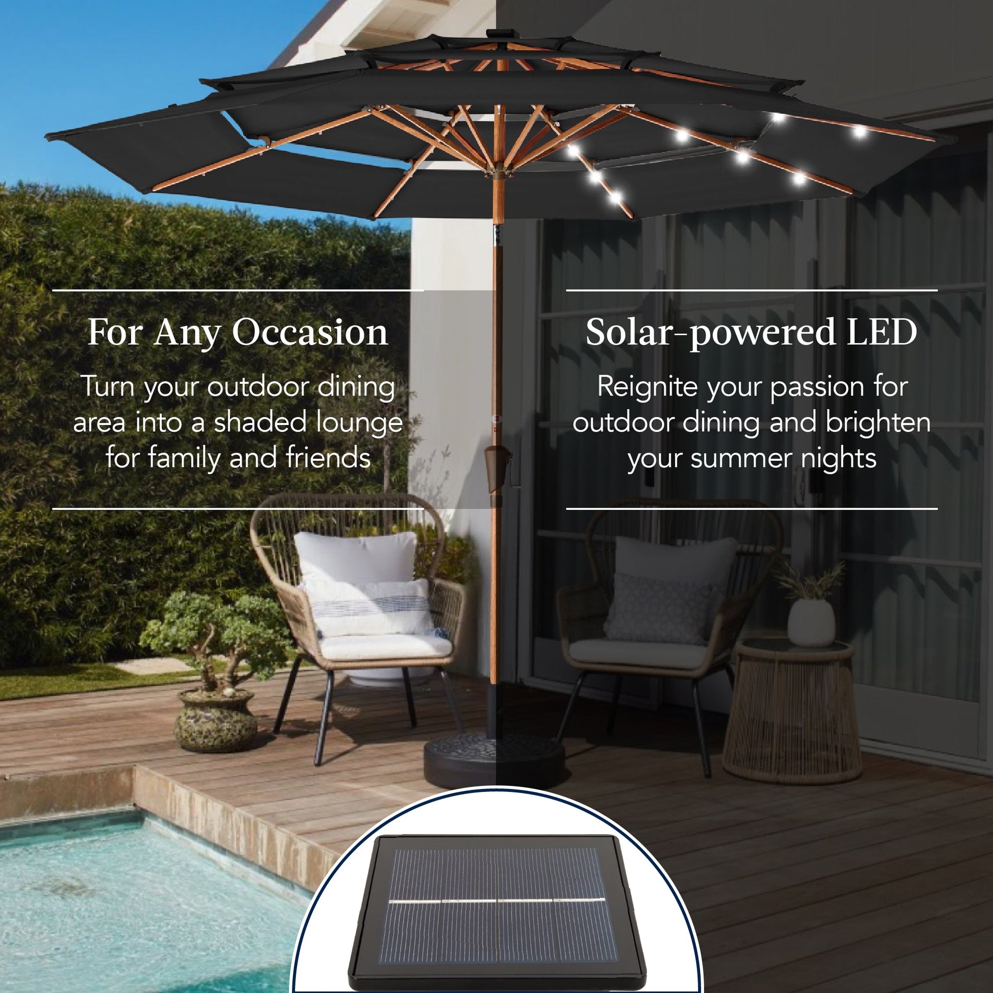 3-Tier Woodgrain Pattern Solar Patio Umbrella, Tilt Adjustment - 10ft