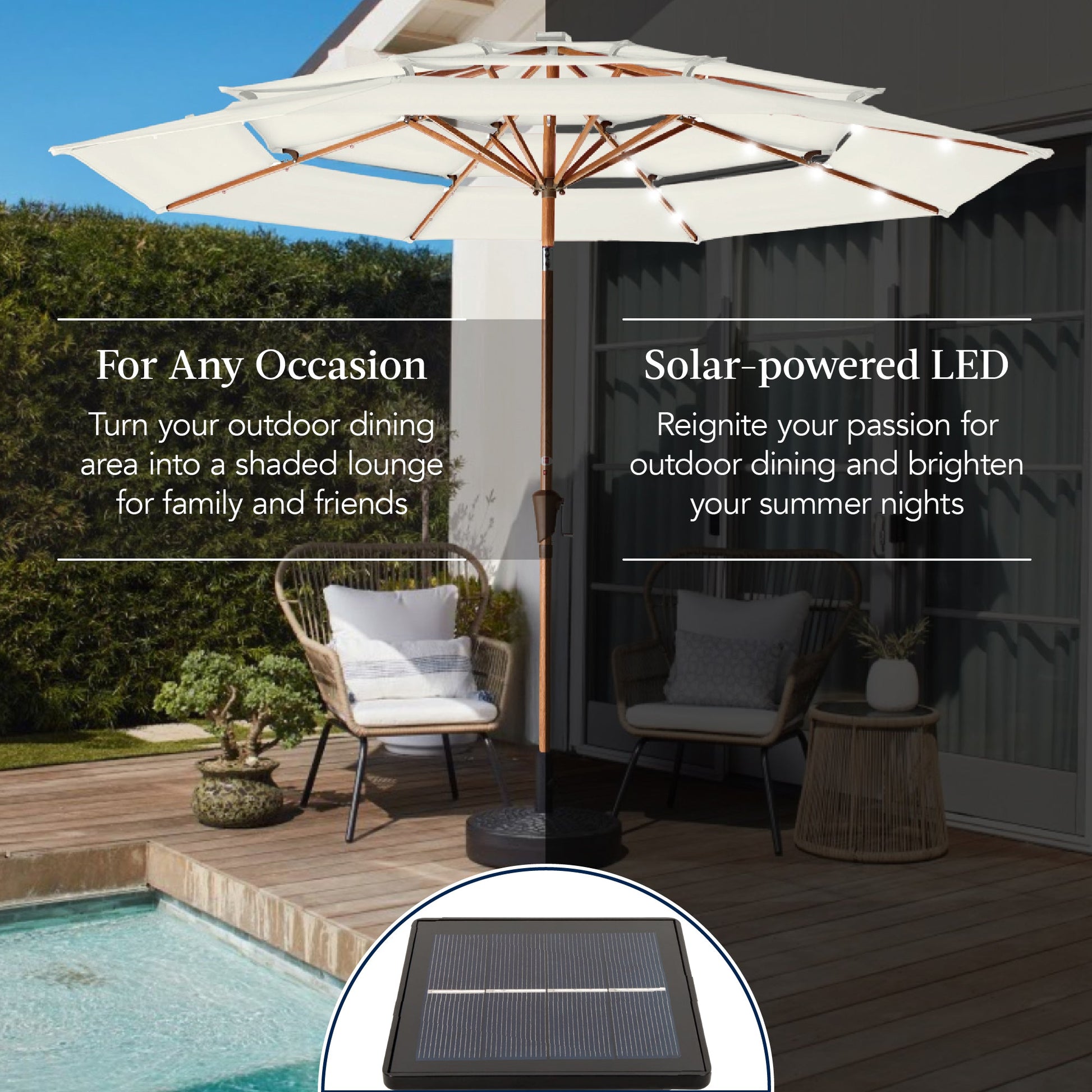 3-Tier Woodgrain Pattern Solar Patio Umbrella, Tilt Adjustment - 10ft