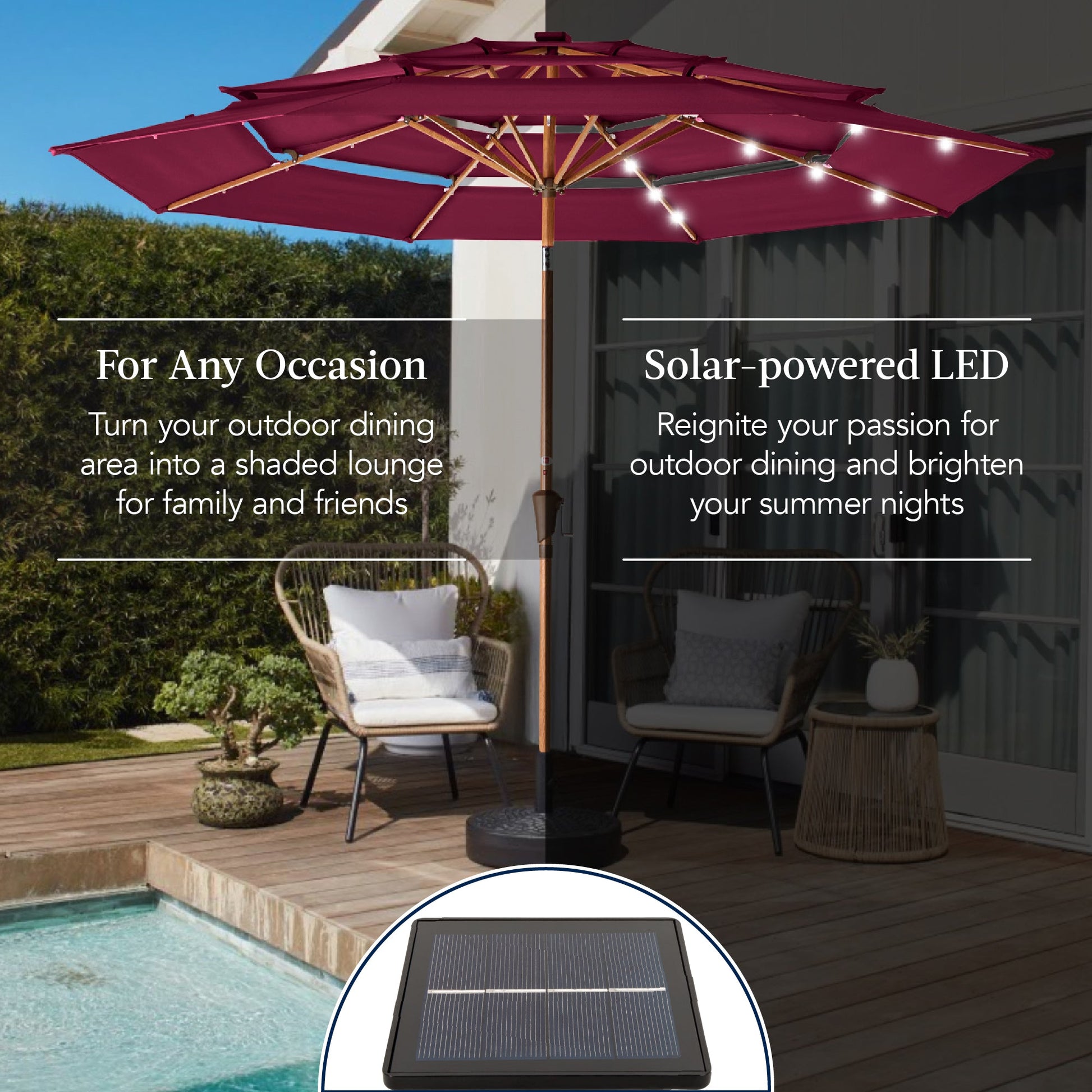 3-Tier Woodgrain Pattern Solar Patio Umbrella, Tilt Adjustment - 10ft
