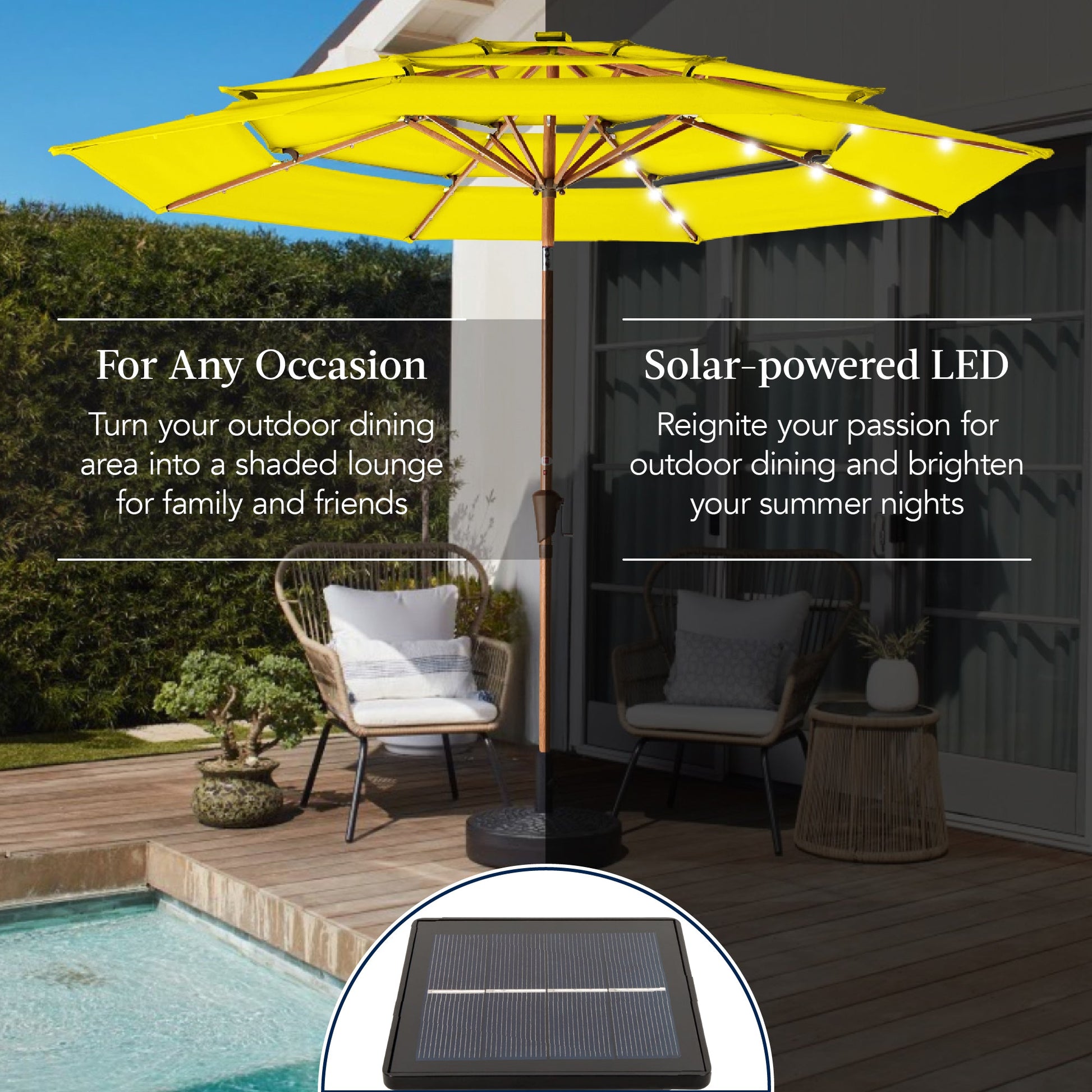 3-Tier Woodgrain Pattern Solar Patio Umbrella, Tilt Adjustment - 10ft