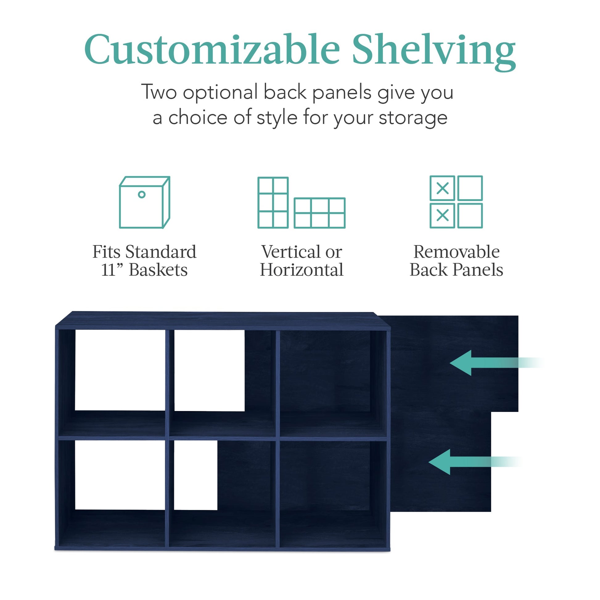 6-Cube Bookshelf, 11in Storage Display w/ Removable Panels, Customizable