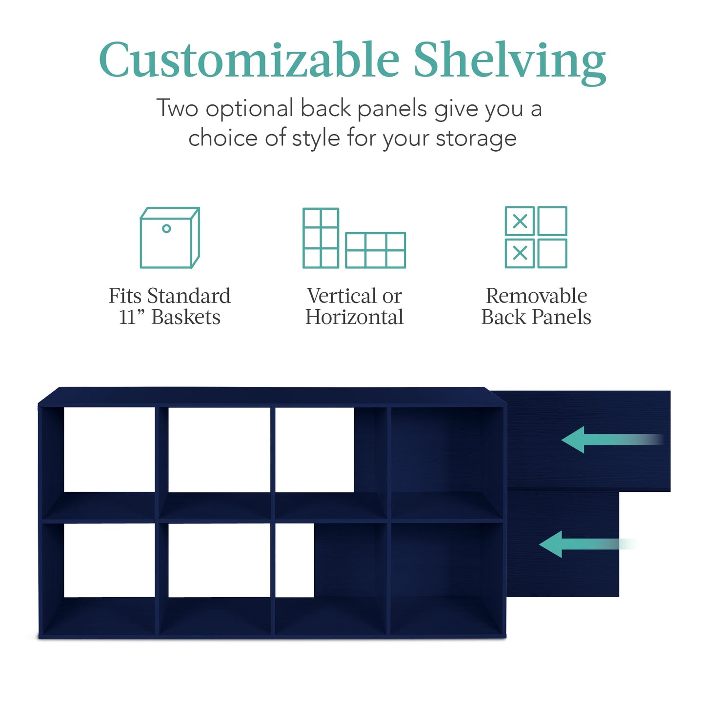 8-Cube Bookshelf, 11in Storage Display w/ Removable Panels, Customizable