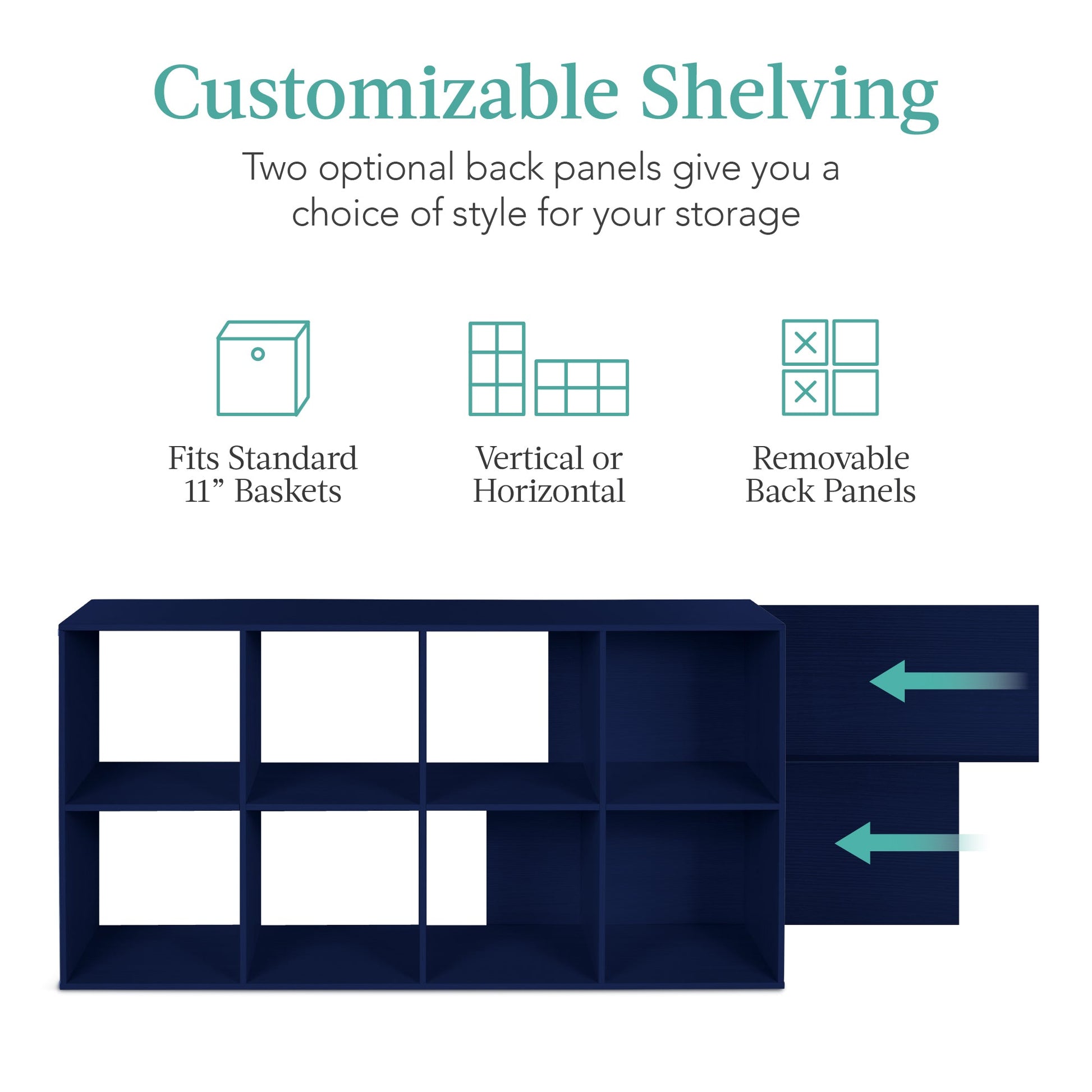 8-Cube Bookshelf, 11in Storage Display w/ Removable Panels, Customizable