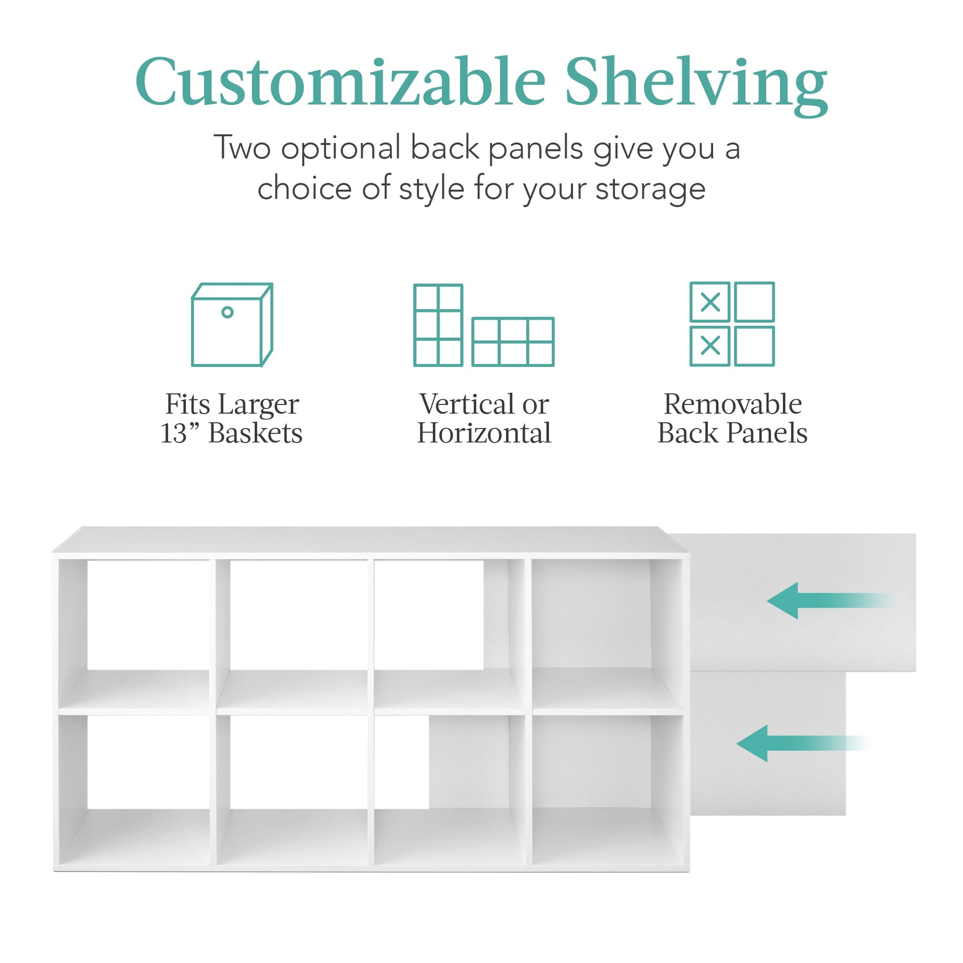8-Cube Bookshelf, 13.5in Storage Display w/ Removable Panels, Customizable