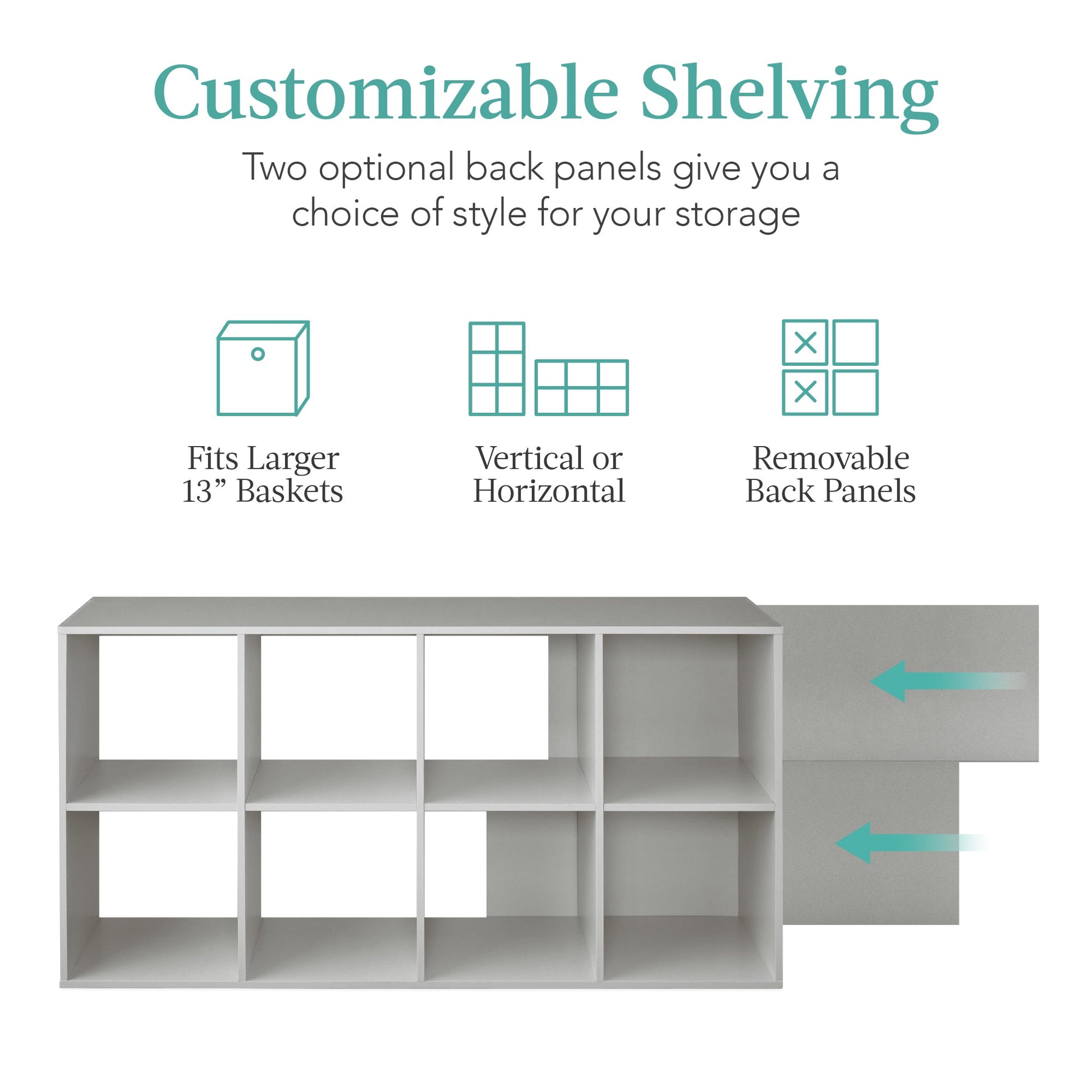 8-Cube Bookshelf, 13.5in Storage Display w/ Removable Panels, Customizable
