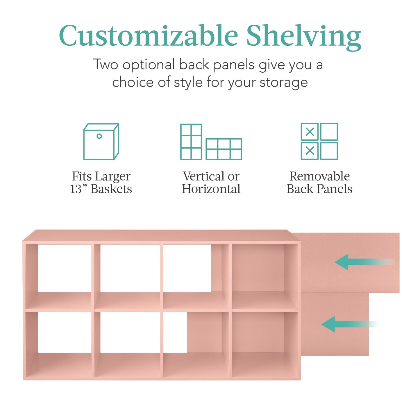 8-Cube Bookshelf, 13.5in Storage Display w/ Removable Panels, Customizable