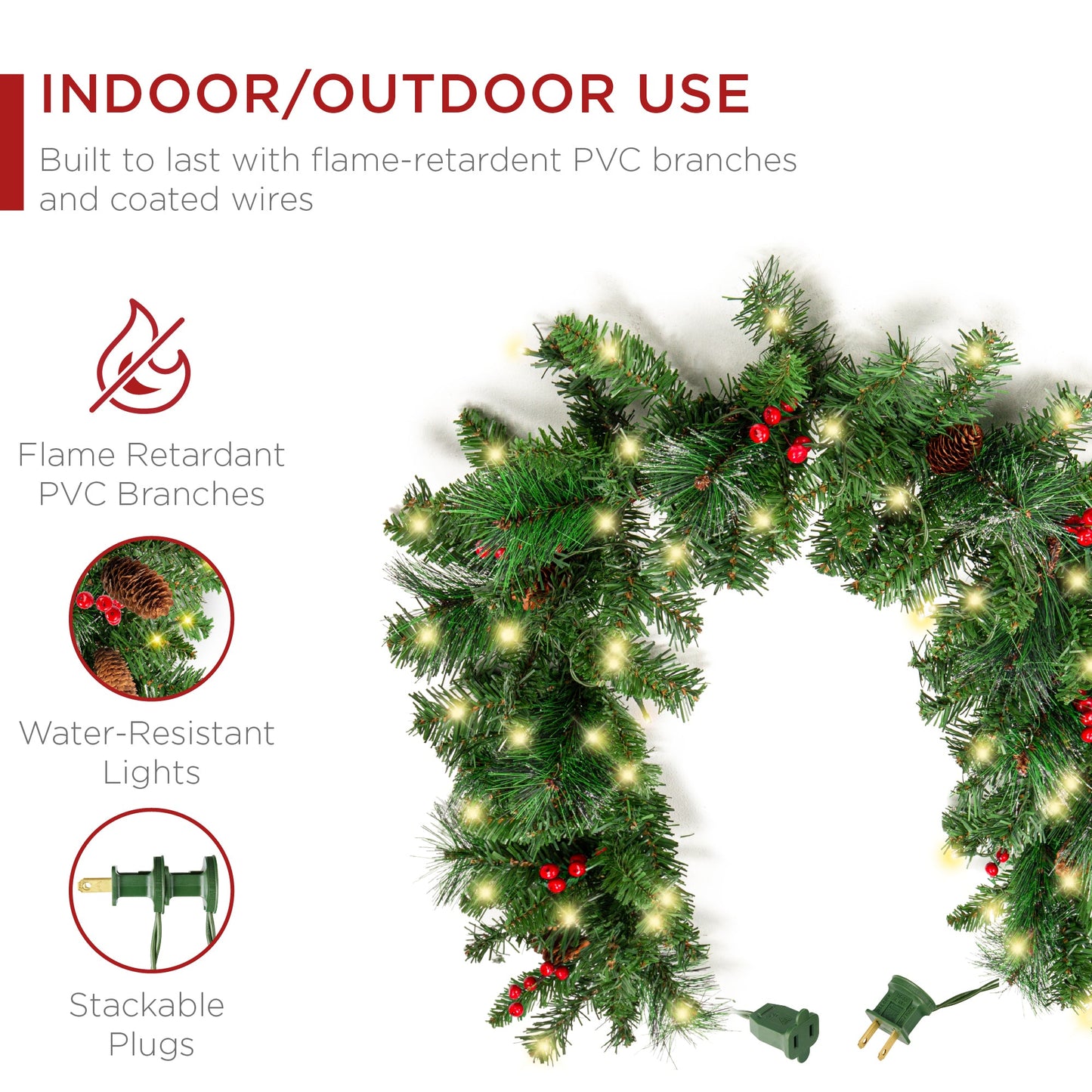 9Ft Pre-Lit Christmas Garland W/ 2-In-1 Led Lights