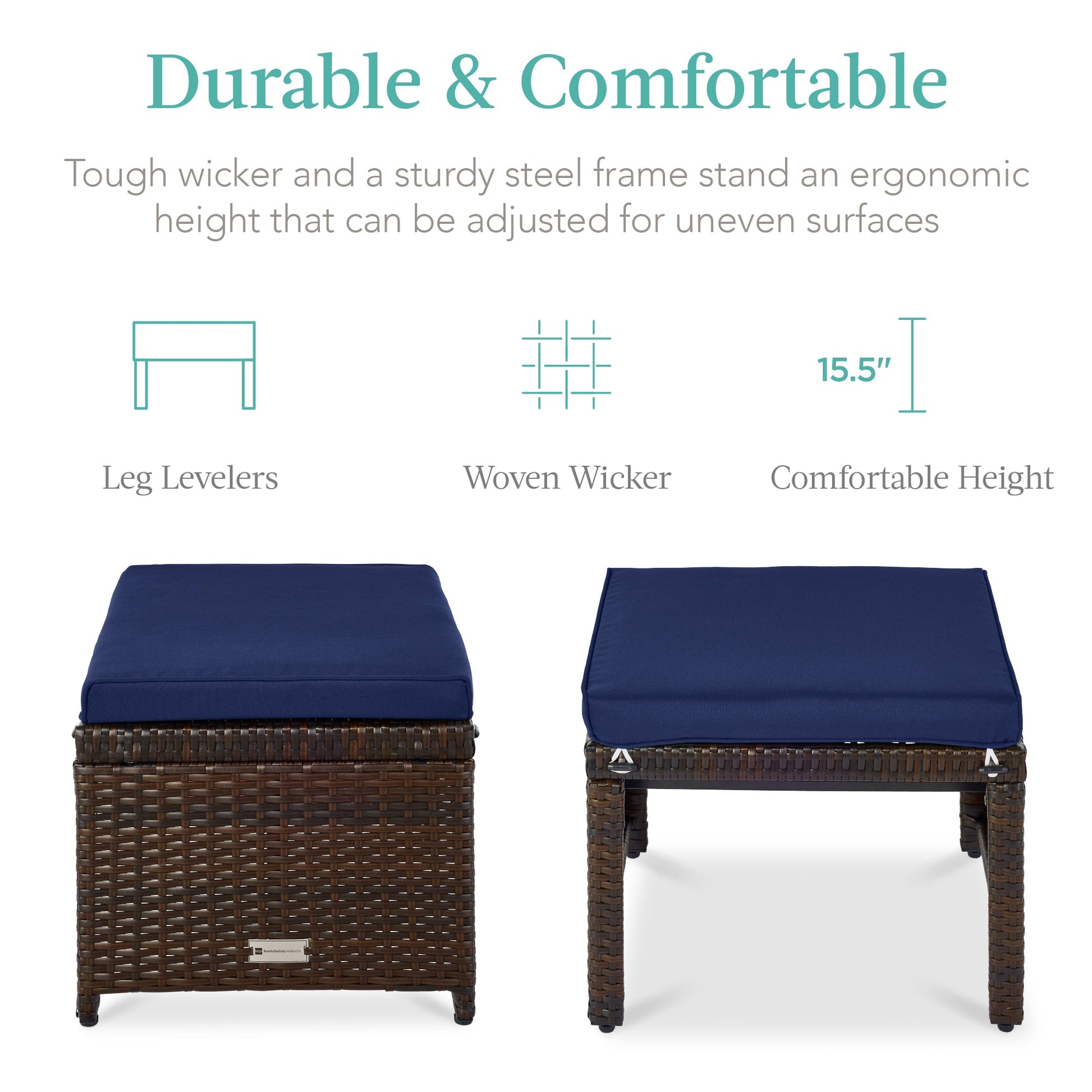 Set of 2 Multipurpose Wicker Ottomans w/ Removable Cushions, Steel Frame
