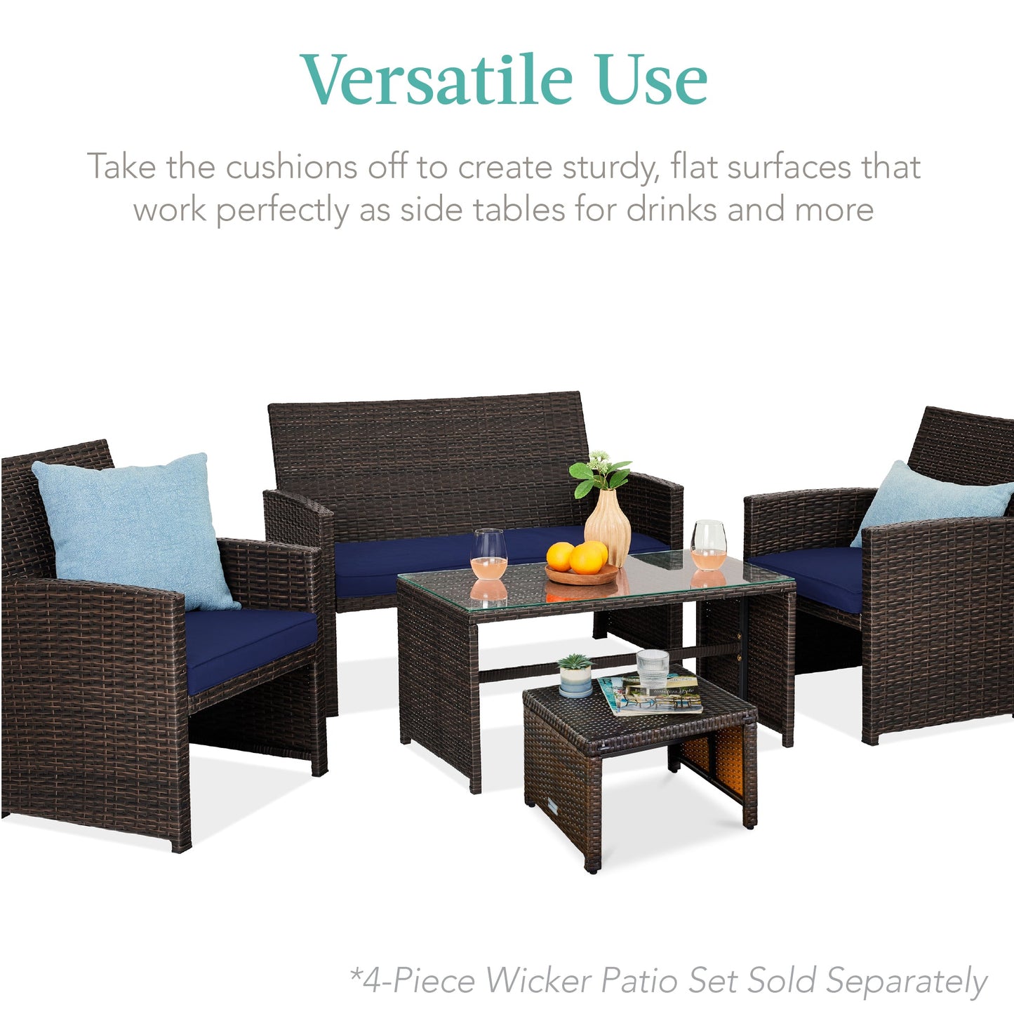 Set of 2 Multipurpose Wicker Ottomans w/ Removable Cushions, Steel Frame