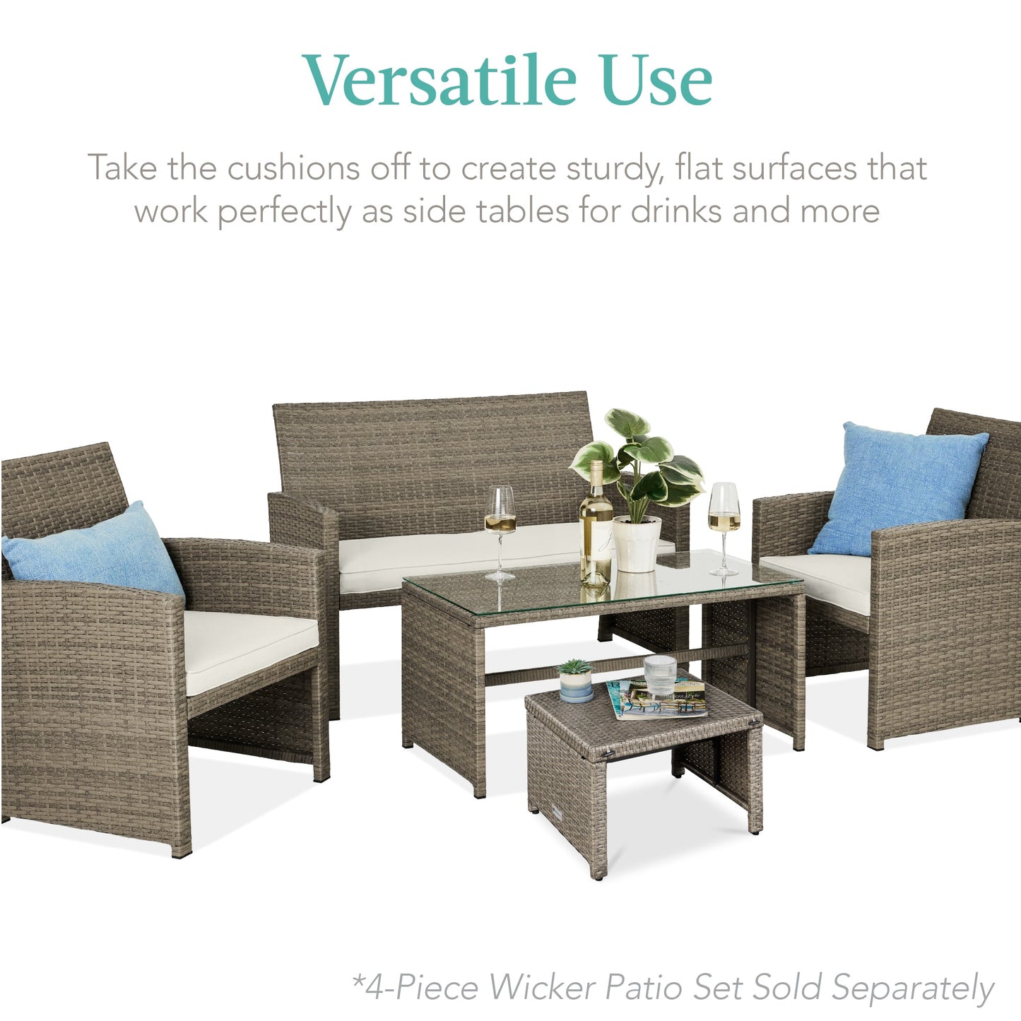 Set of 2 Multipurpose Wicker Ottomans w/ Removable Cushions, Steel Frame