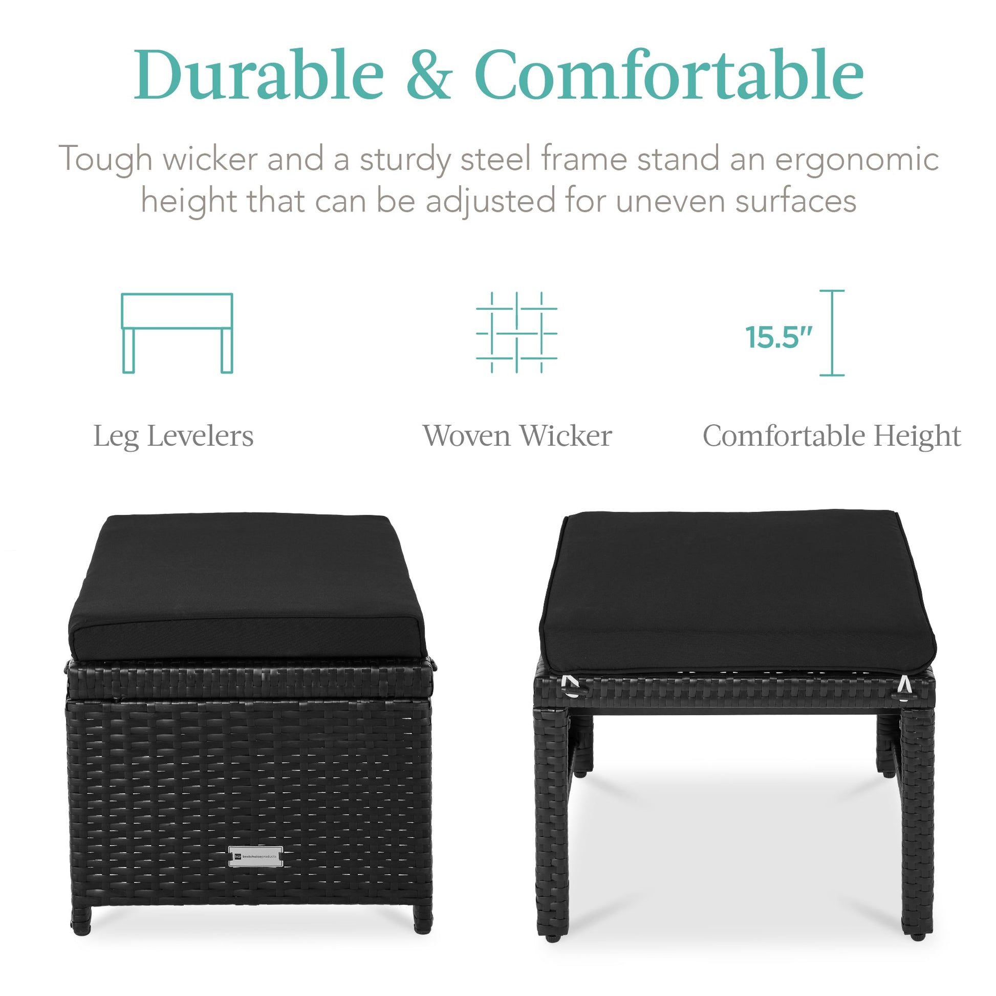 Set of 2 Multipurpose Wicker Ottomans w/ Removable Cushions, Steel Frame