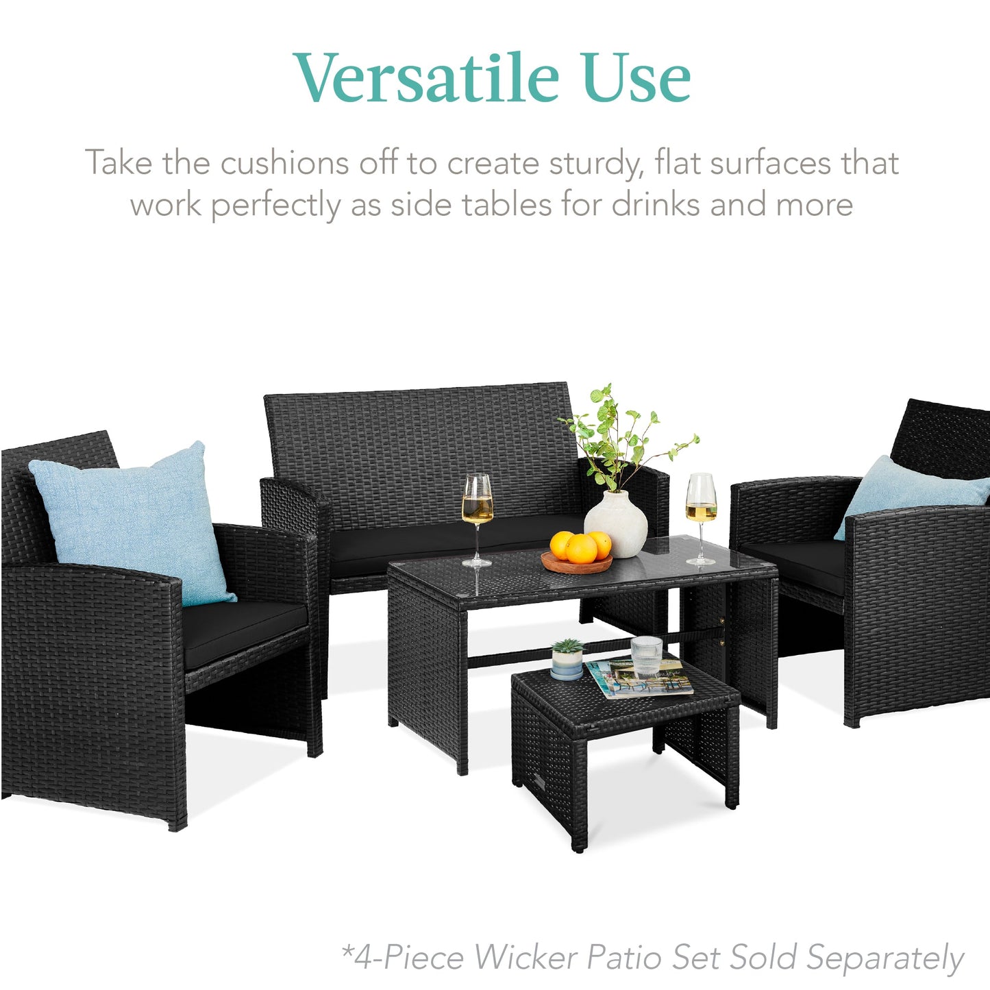 Set of 2 Multipurpose Wicker Ottomans w/ Removable Cushions, Steel Frame