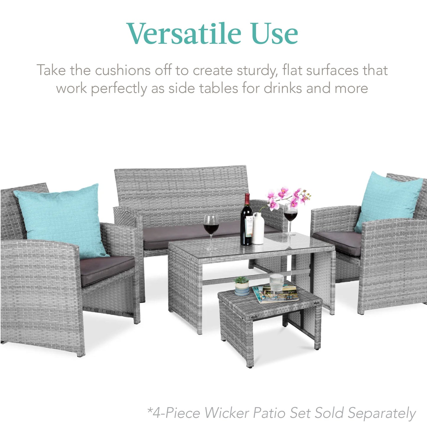 Set of 2 Multipurpose Wicker Ottomans w/ Removable Cushions, Steel Frame