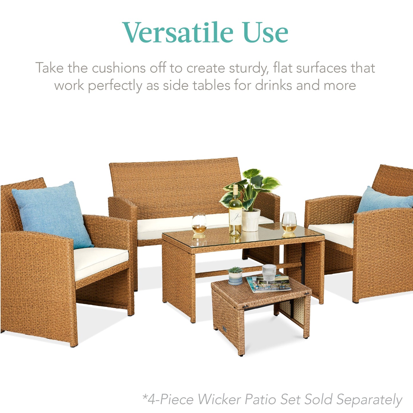 Set of 2 Multipurpose Wicker Ottomans w/ Removable Cushions, Steel Frame