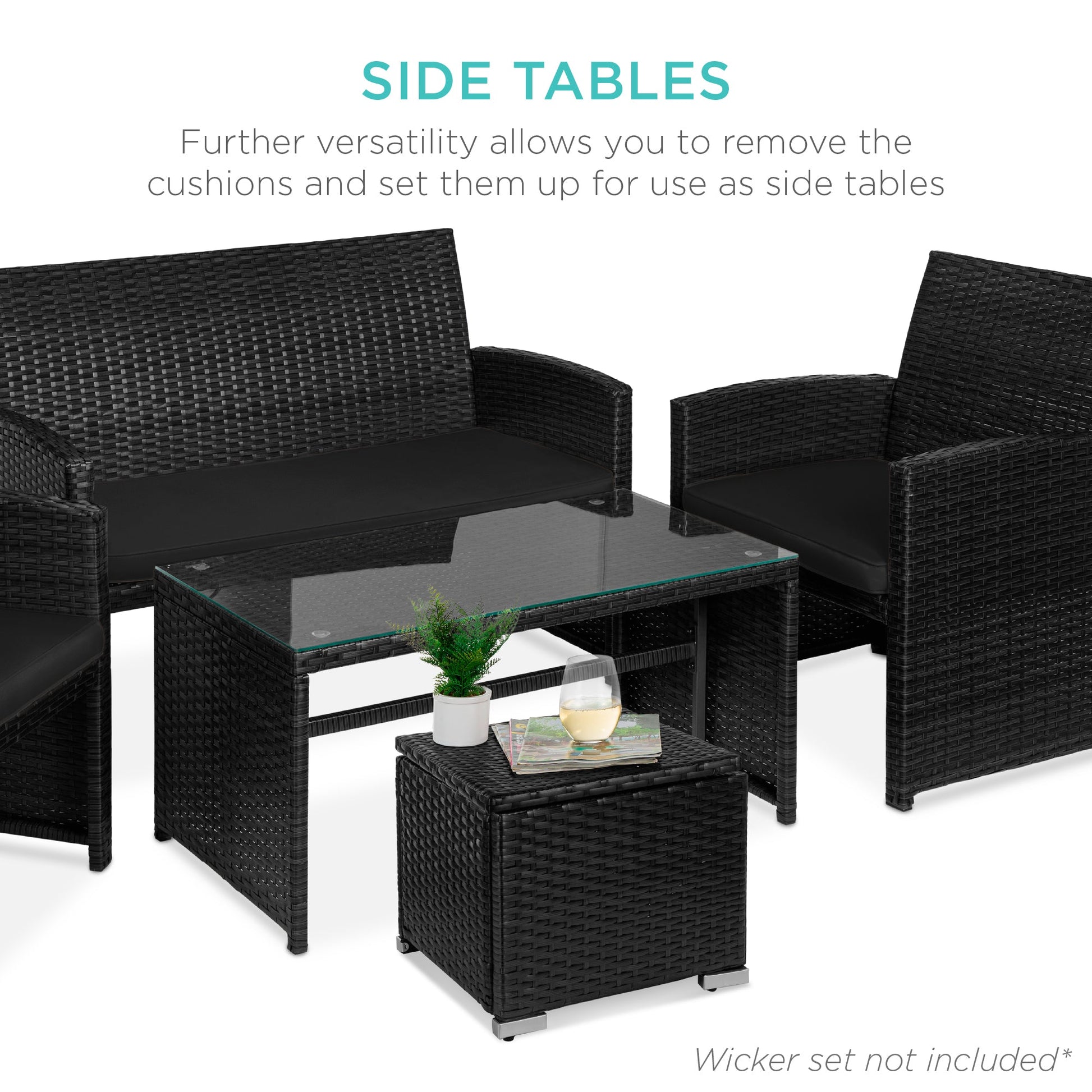Set of 2 Wicker Ottomans, Multipurpose w/ Removable Cushions, Steel Frame