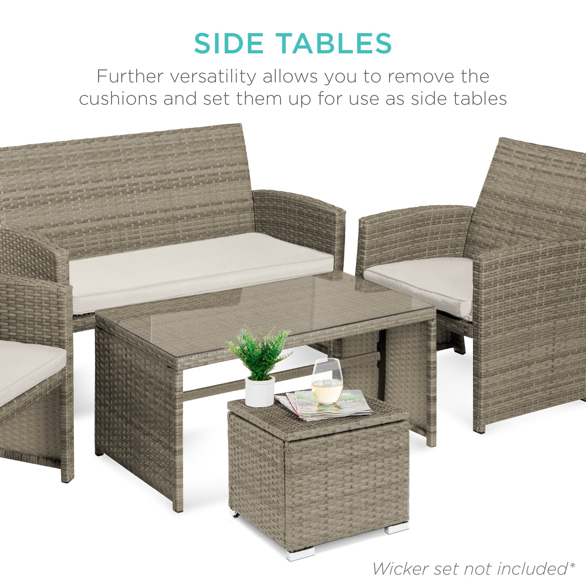 Set of 2 Wicker Ottomans, Multipurpose w/ Removable Cushions, Steel Frame