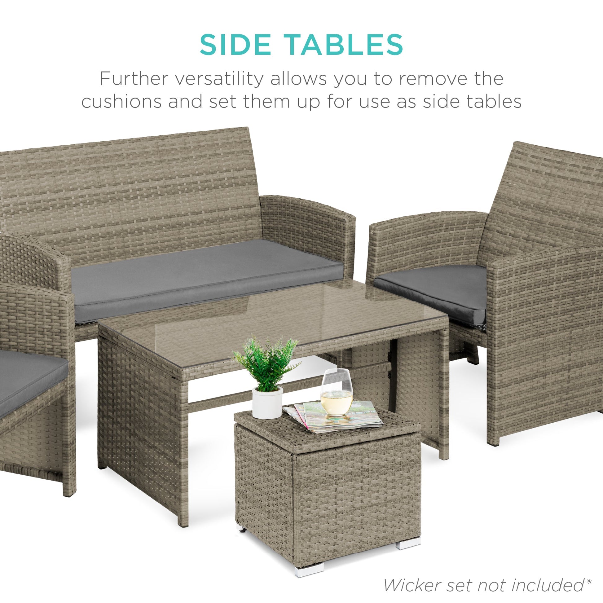 Set of 2 Wicker Ottomans, Multipurpose w/ Removable Cushions, Steel Frame