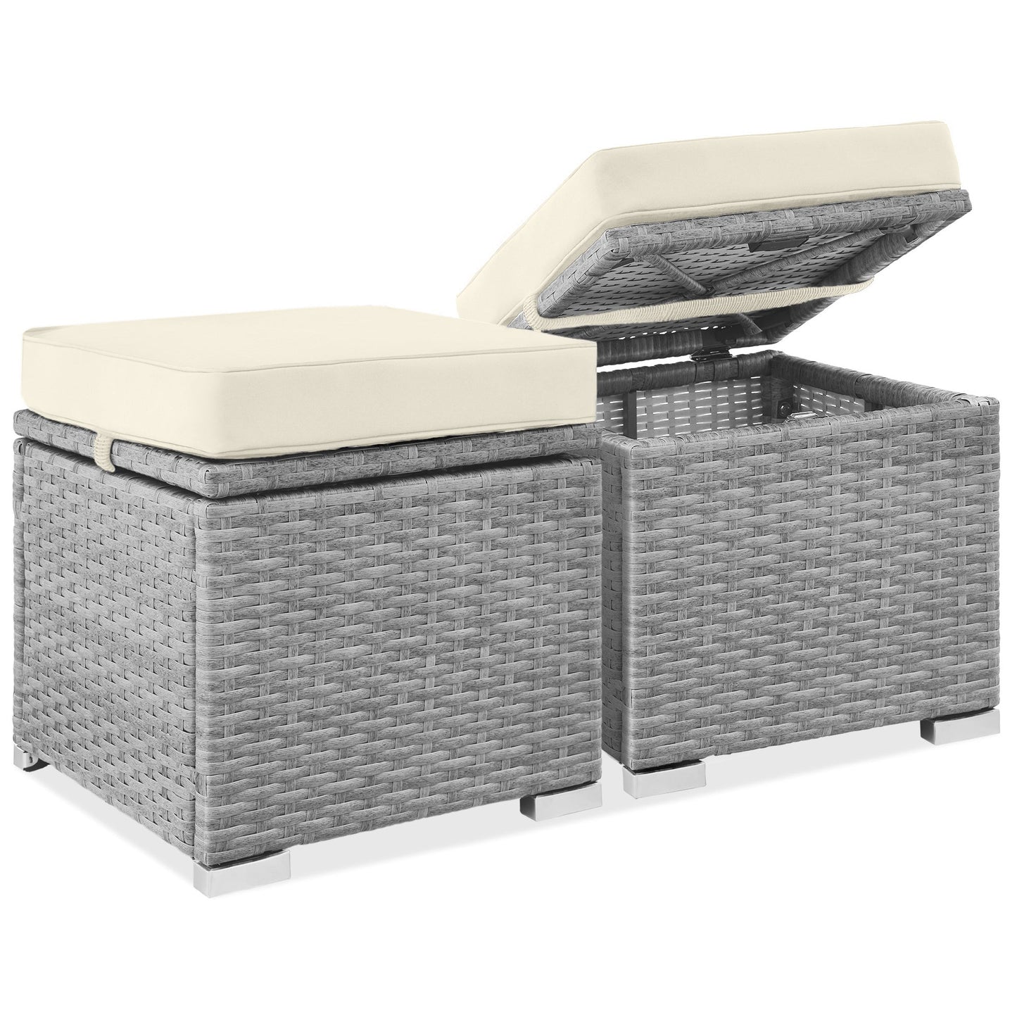 Set of 2 Wicker Ottomans, Multipurpose w/ Removable Cushions, Steel Frame