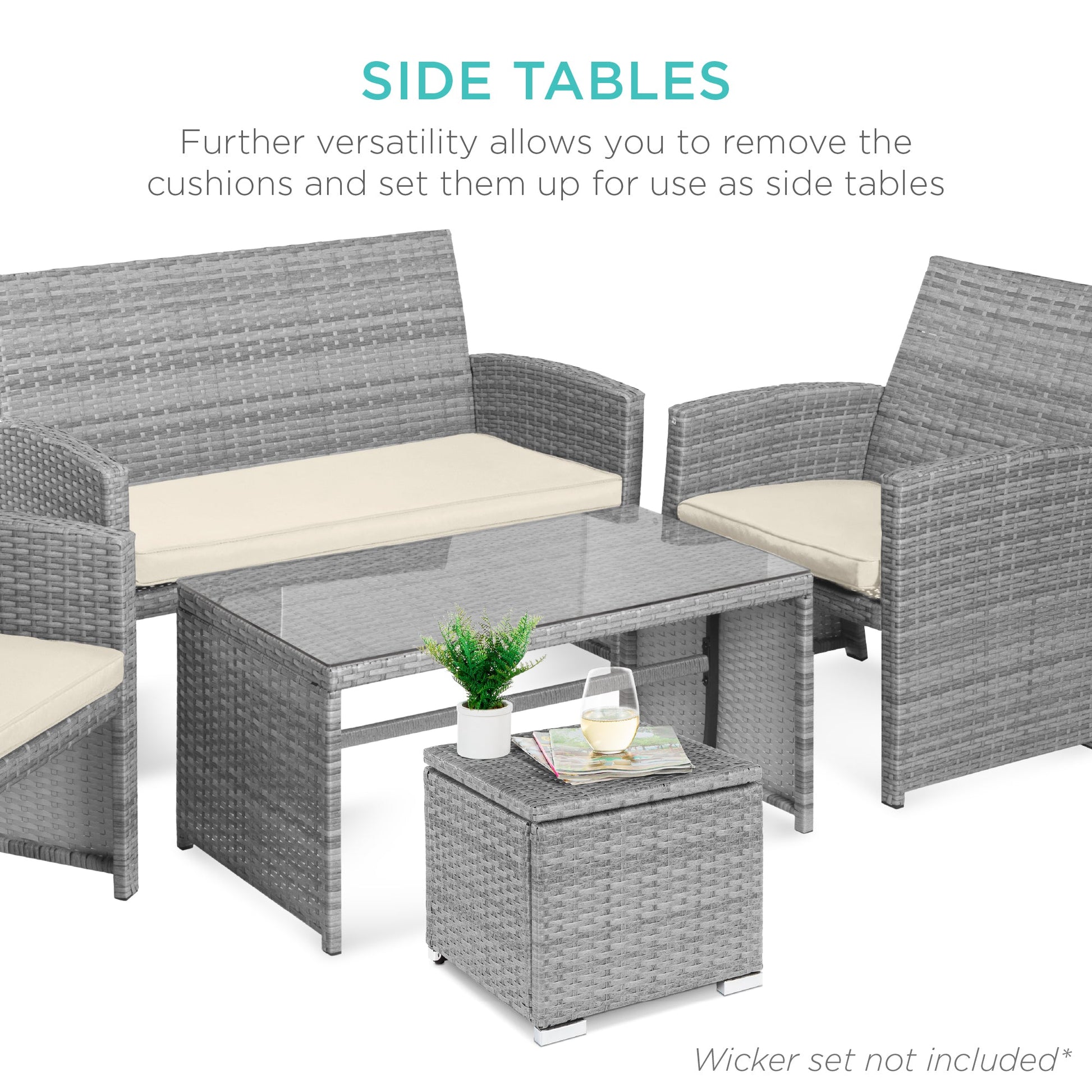 Set of 2 Wicker Ottomans, Multipurpose w/ Removable Cushions, Steel Frame