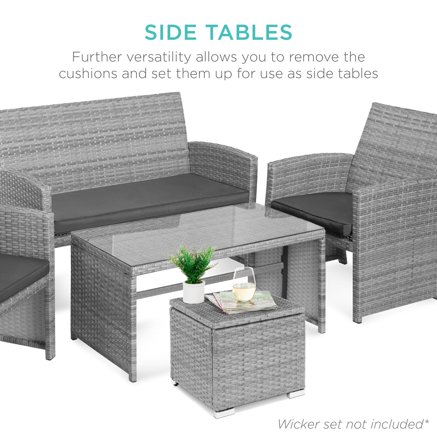 Set of 2 Wicker Ottomans, Multipurpose w/ Removable Cushions, Steel Frame