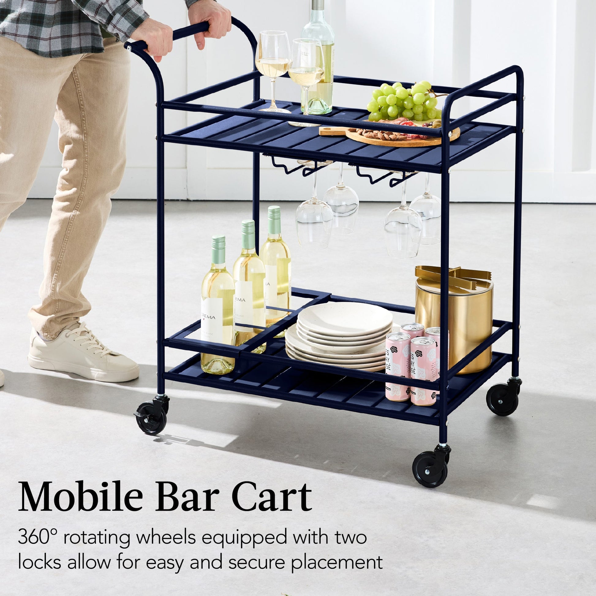 2-Tier Rolling Bar Cart Indoor/Outdoor w/ Shelves, Wine Rack, Locking Wheels