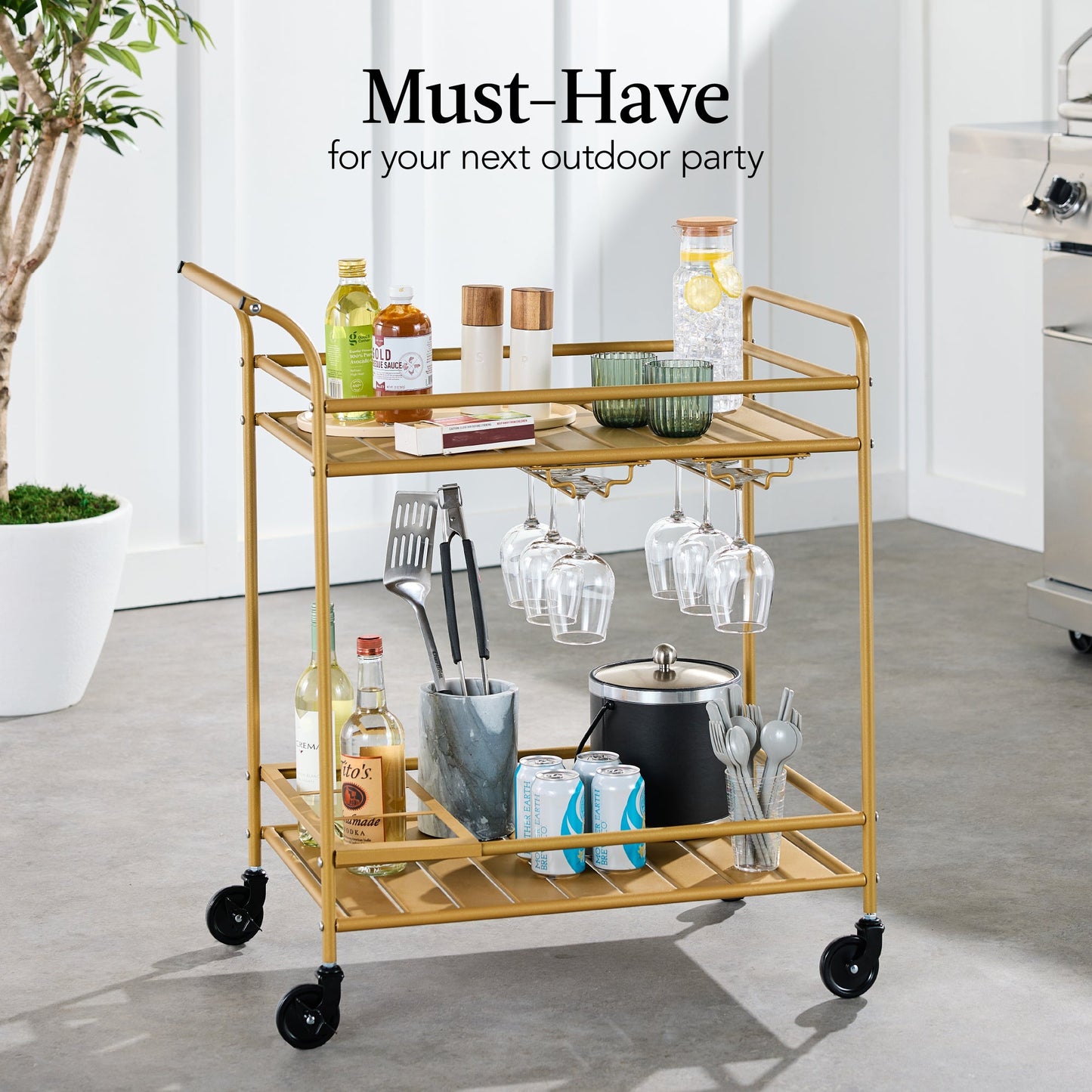 2-Tier Rolling Bar Cart Indoor/Outdoor w/ Shelves, Wine Rack, Locking Wheels