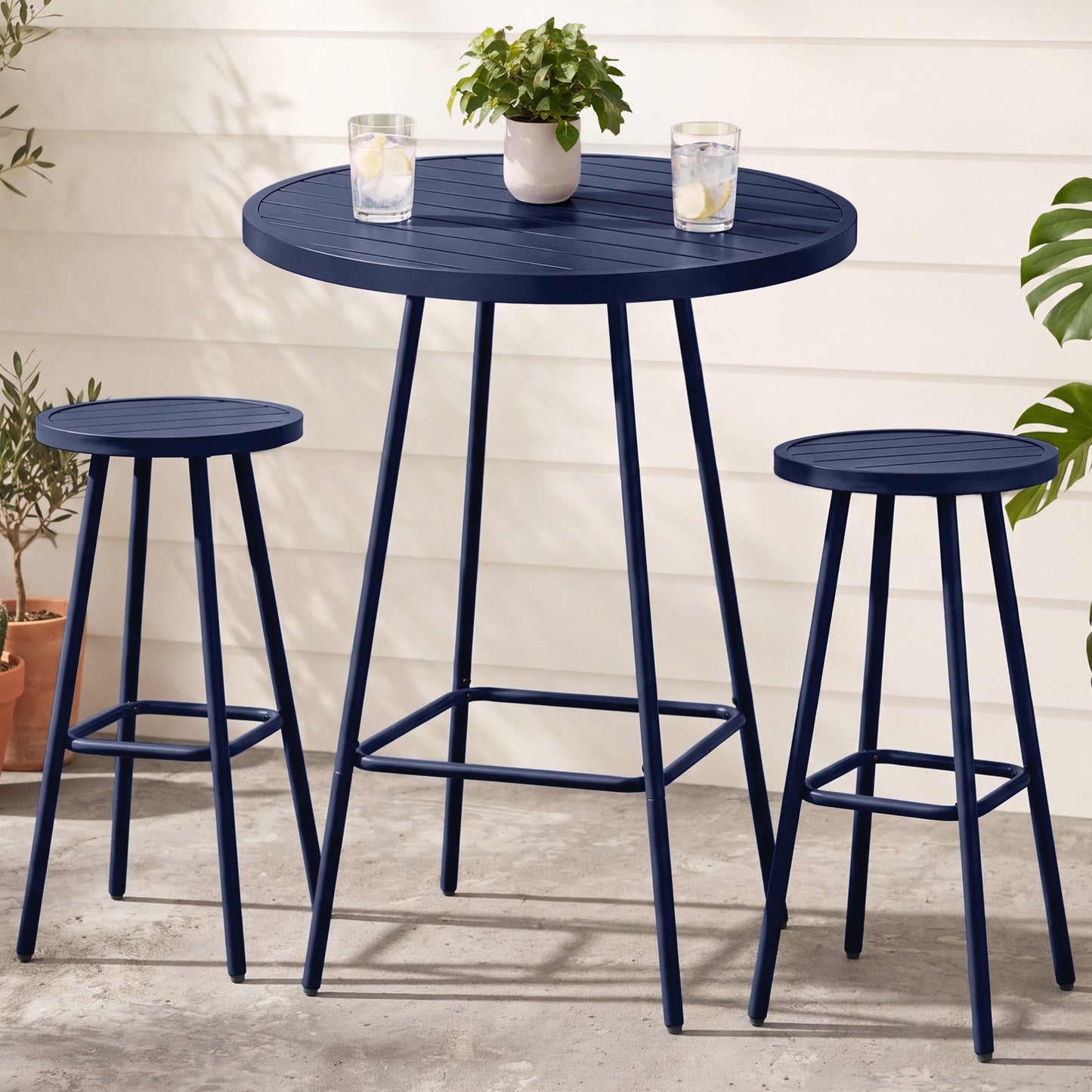 3-Piece Patio Bar Height Bistro Set w/ Backless Stools, Slatted Design