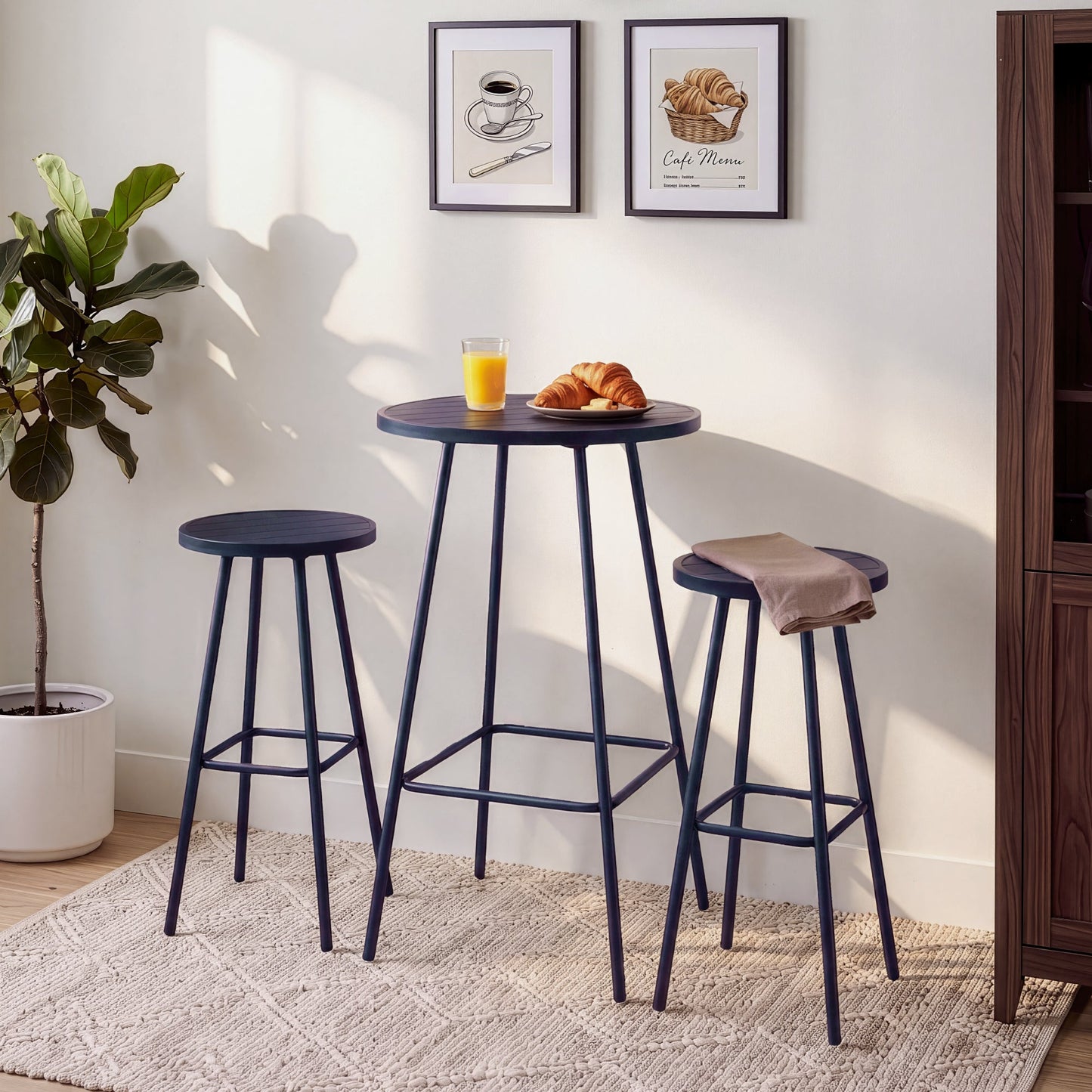 3-Piece Patio Bar Height Bistro Set w/ Backless Stools, Slatted Design