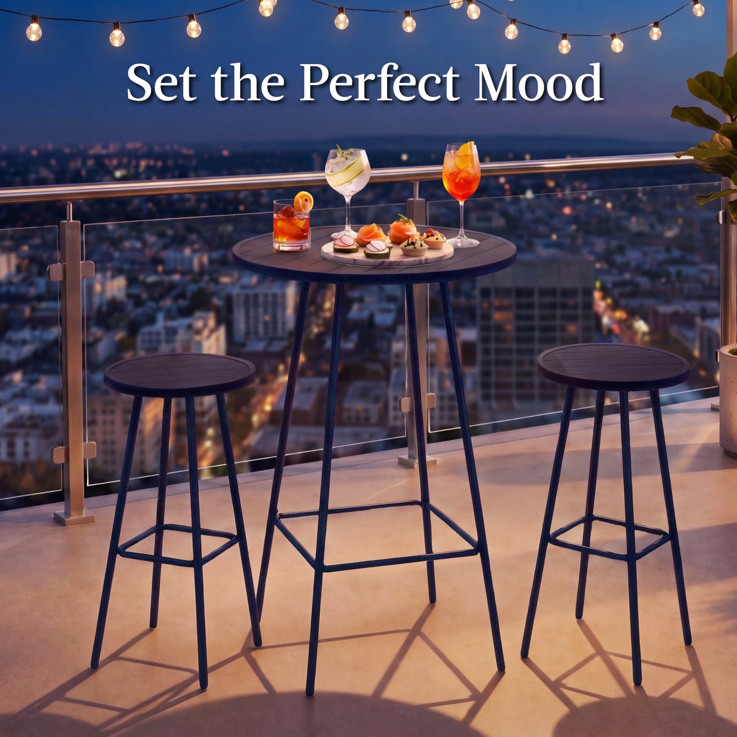 3-Piece Patio Bar Height Bistro Set w/ Backless Stools, Slatted Design