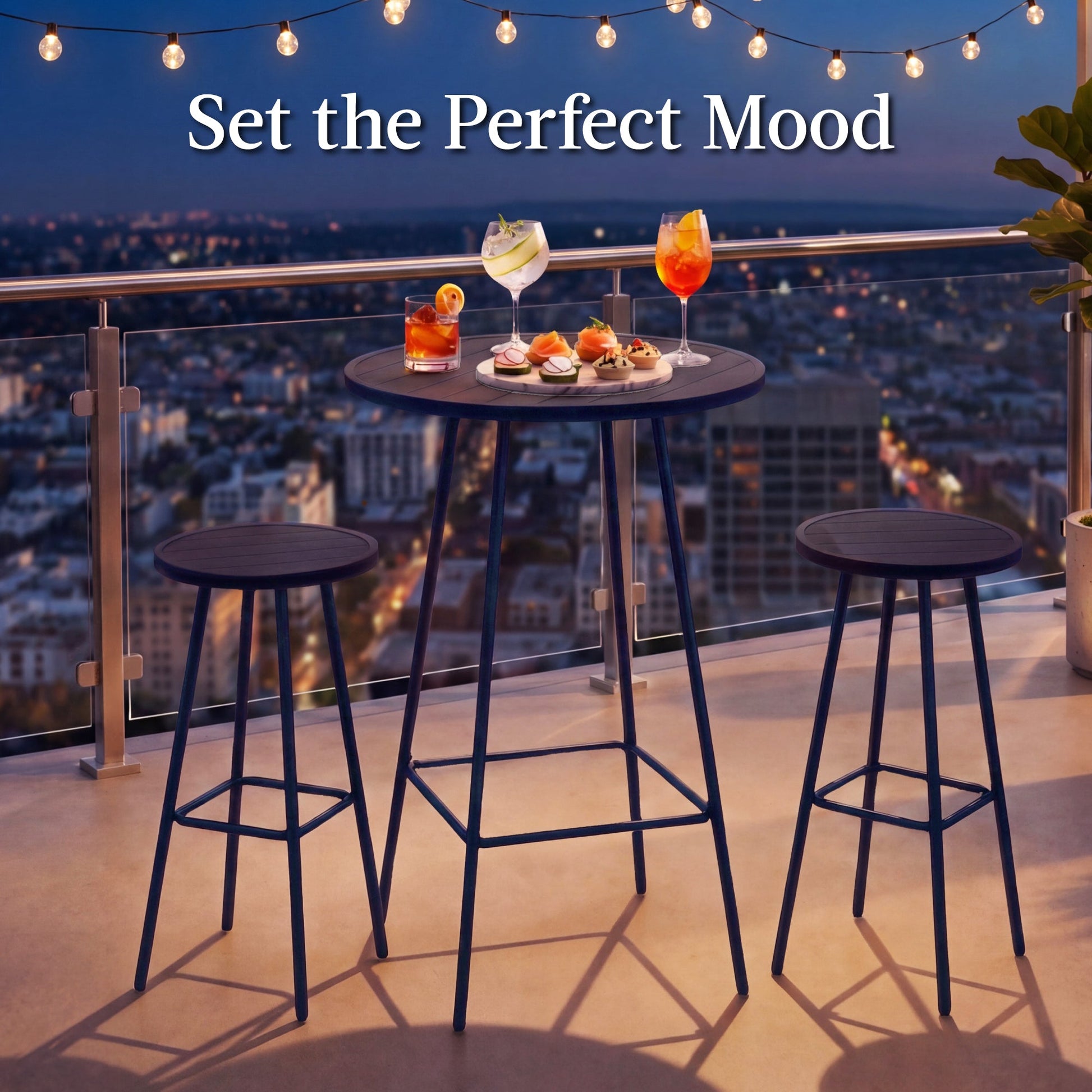 3-Piece Patio Bar Height Bistro Set w/ Backless Stools, Slatted Design