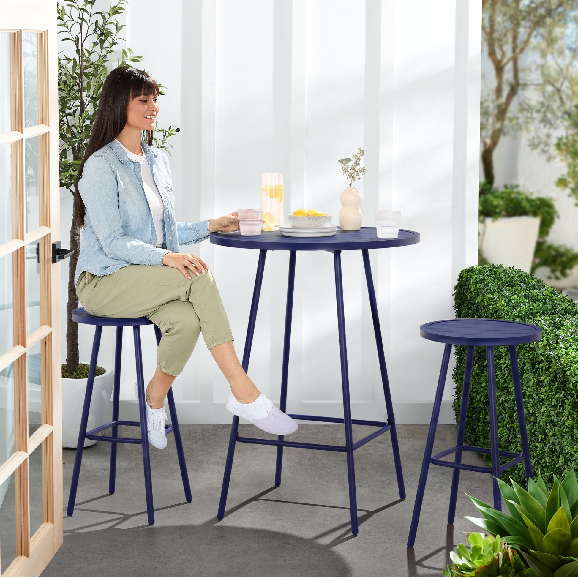 3-Piece Patio Bar Height Bistro Set w/ Backless Stools, Slatted Design