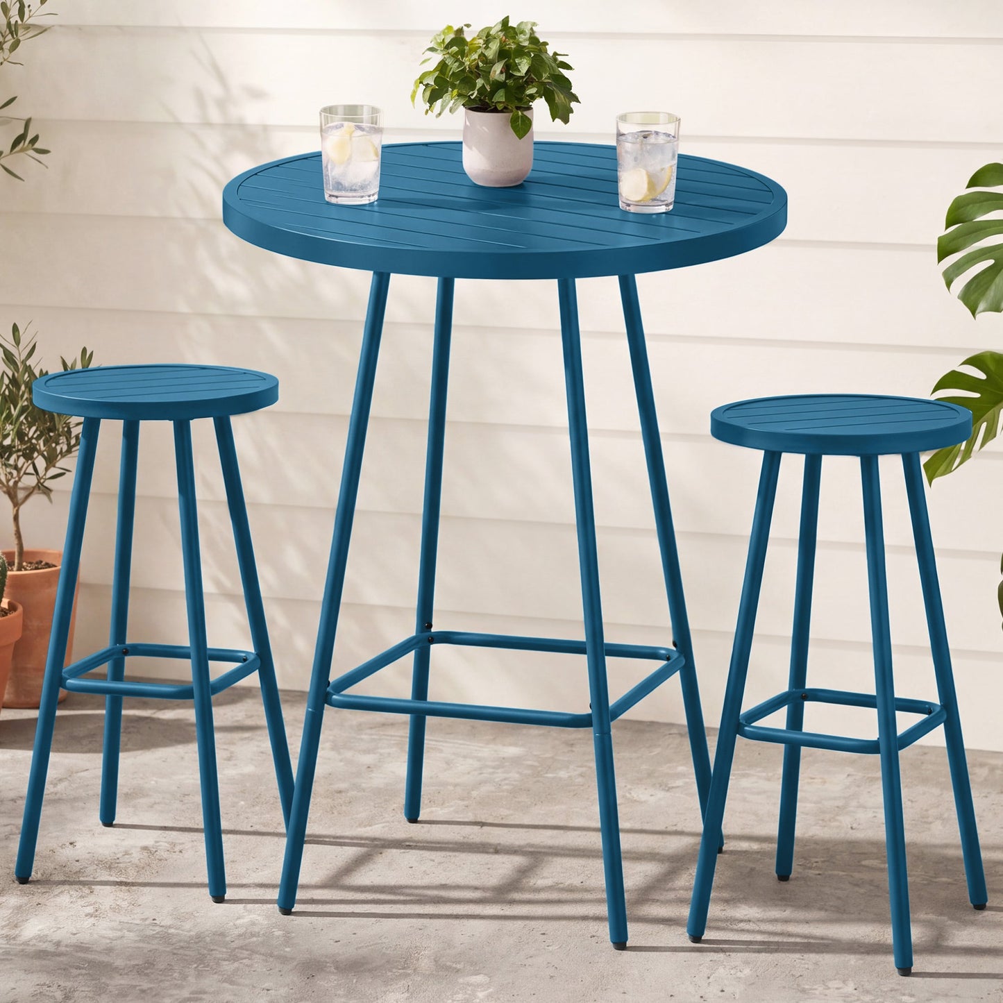 3-Piece Patio Bar Height Bistro Set w/ Backless Stools, Slatted Design