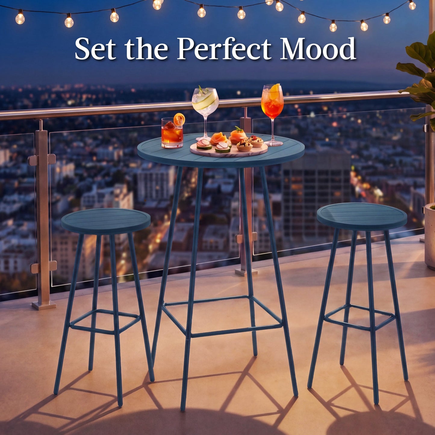 3-Piece Patio Bar Height Bistro Set w/ Backless Stools, Slatted Design