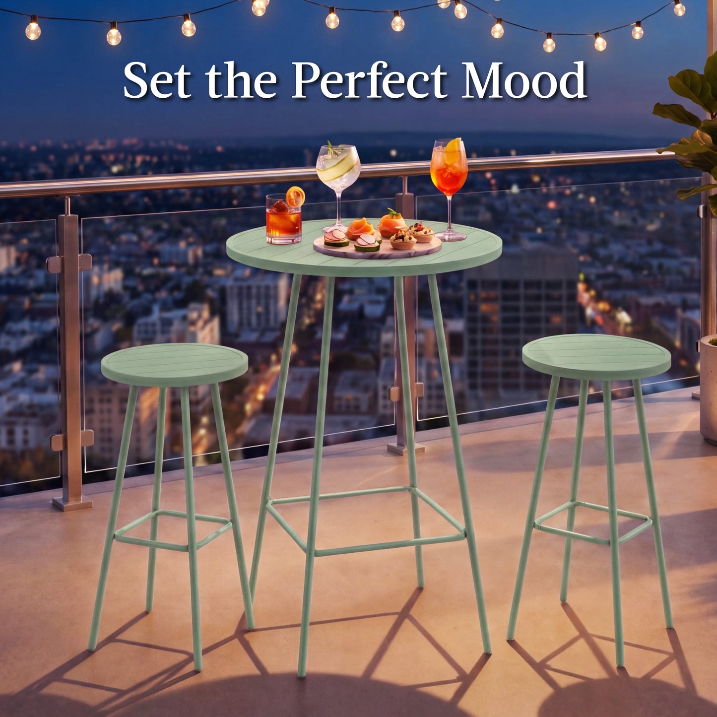 3-Piece Patio Bar Height Bistro Set w/ Backless Stools, Slatted Design