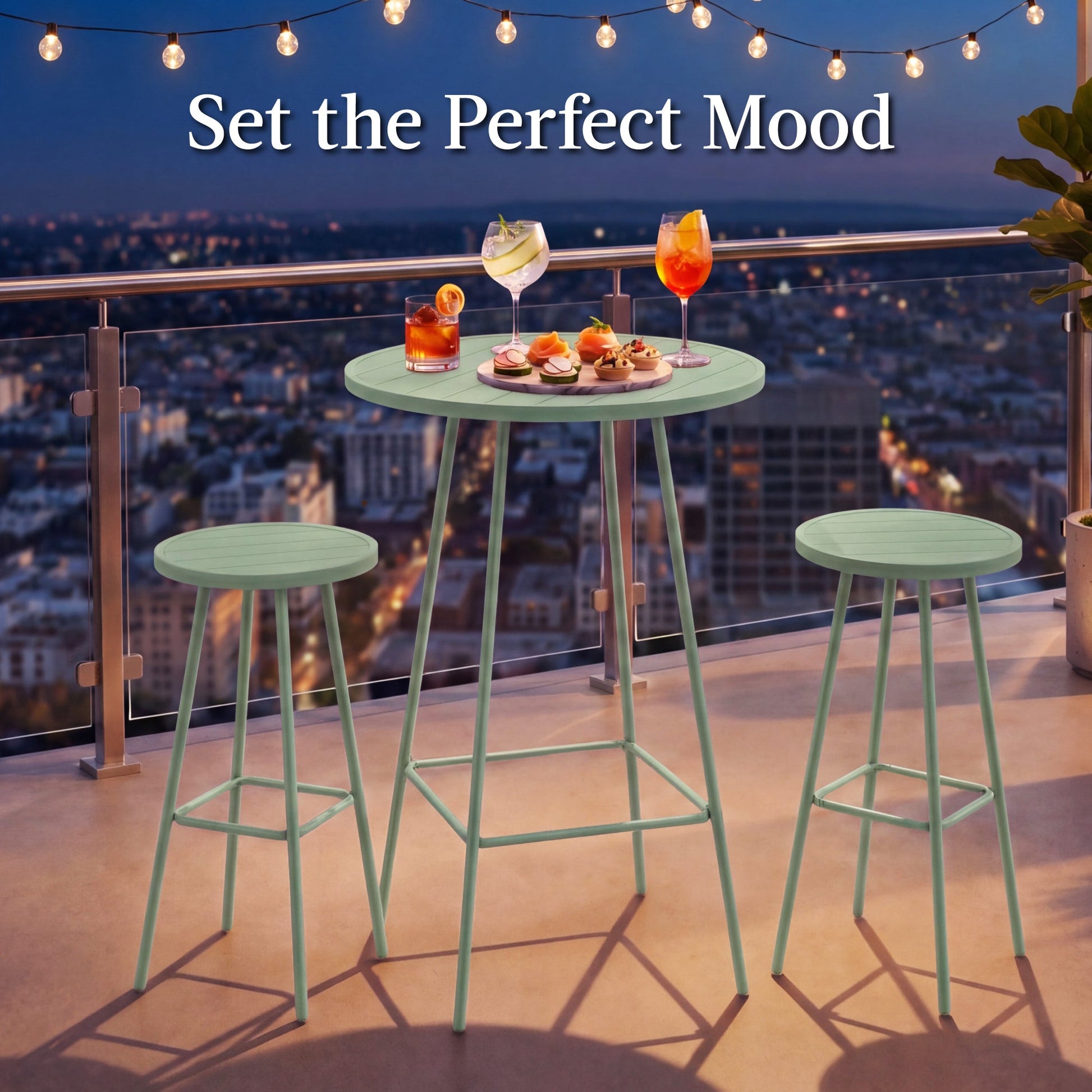 3-Piece Patio Bar Height Bistro Set w/ Backless Stools, Slatted Design