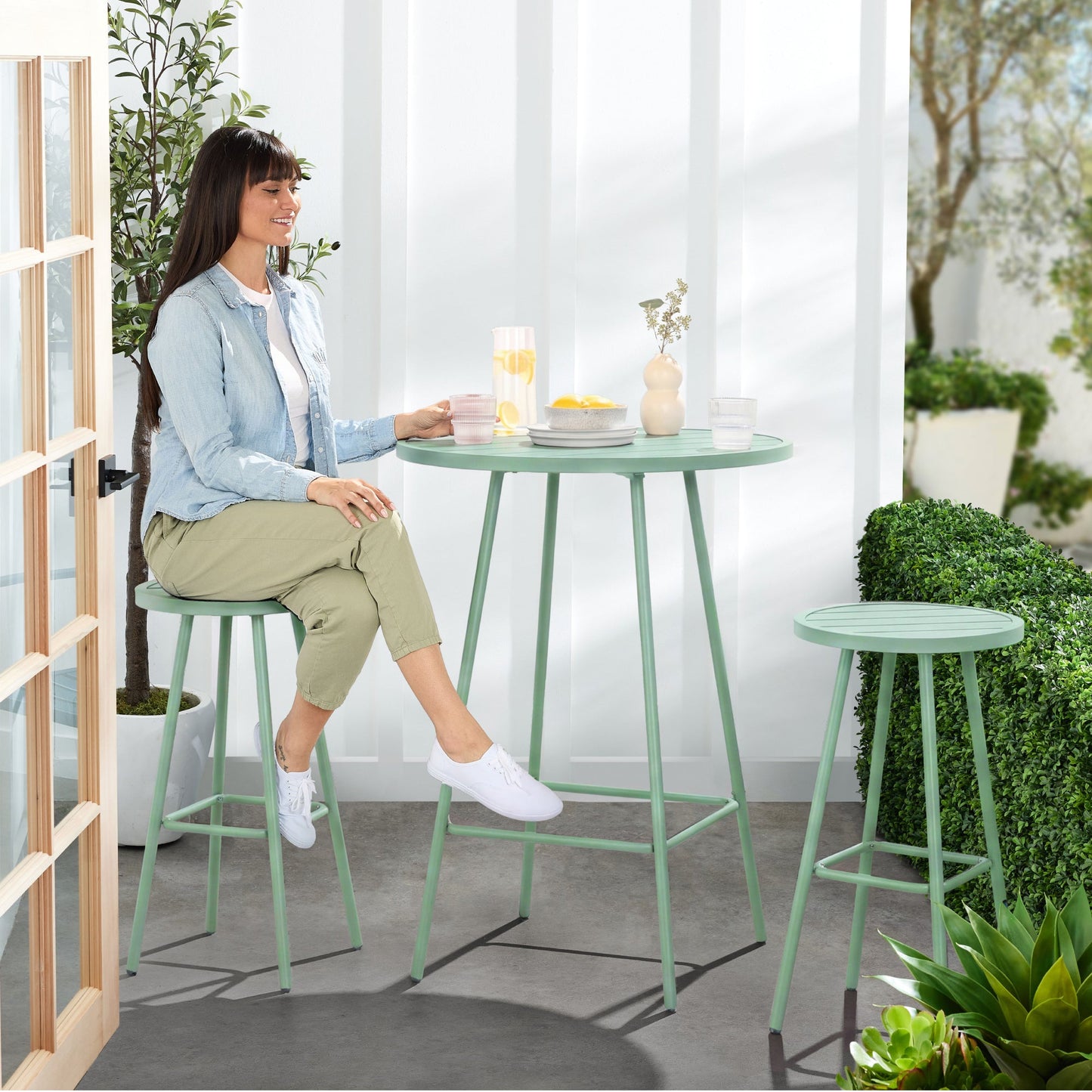 3-Piece Patio Bar Height Bistro Set w/ Backless Stools, Slatted Design