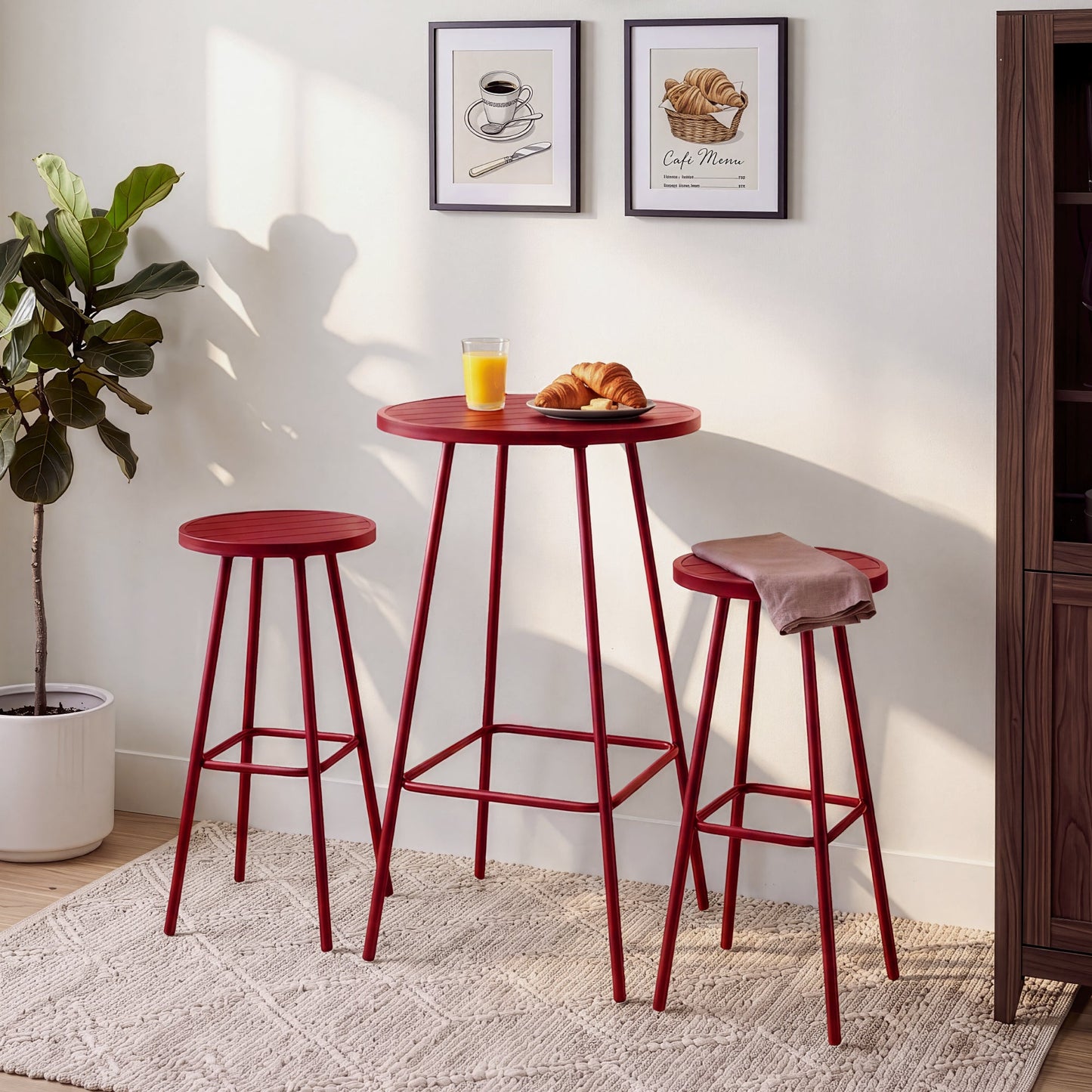3-Piece Patio Bar Height Bistro Set w/ Backless Stools, Slatted Design