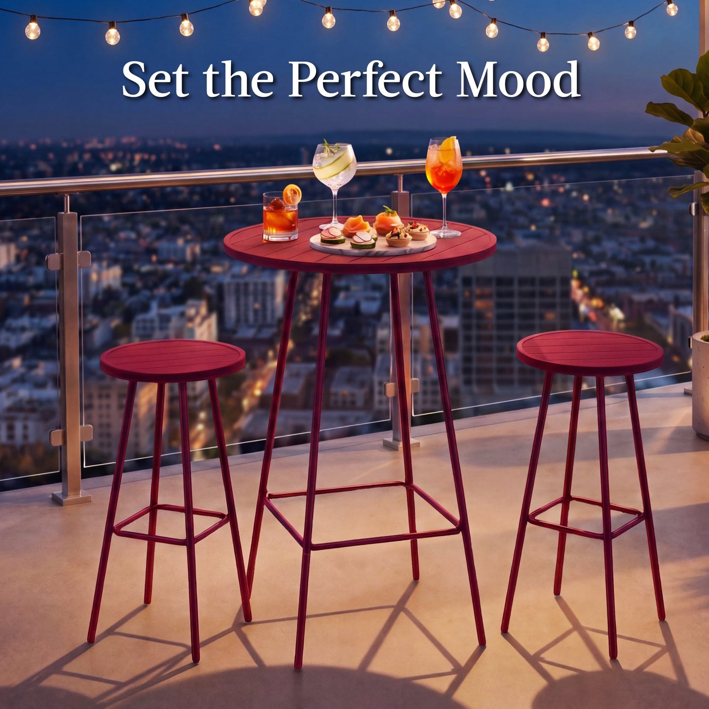 3-Piece Patio Bar Height Bistro Set w/ Backless Stools, Slatted Design