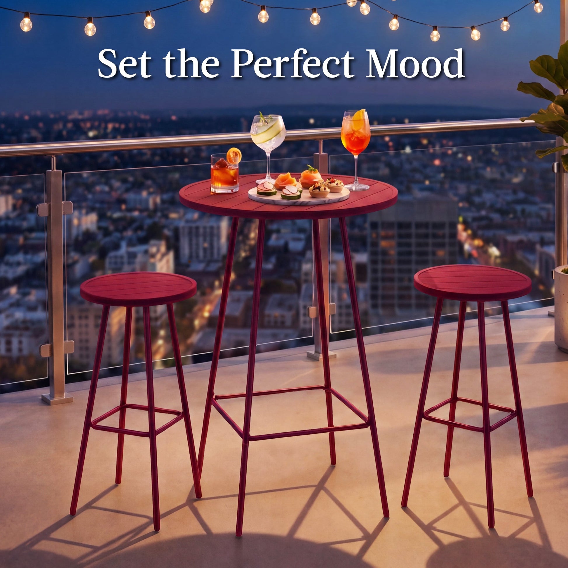 3-Piece Patio Bar Height Bistro Set w/ Backless Stools, Slatted Design