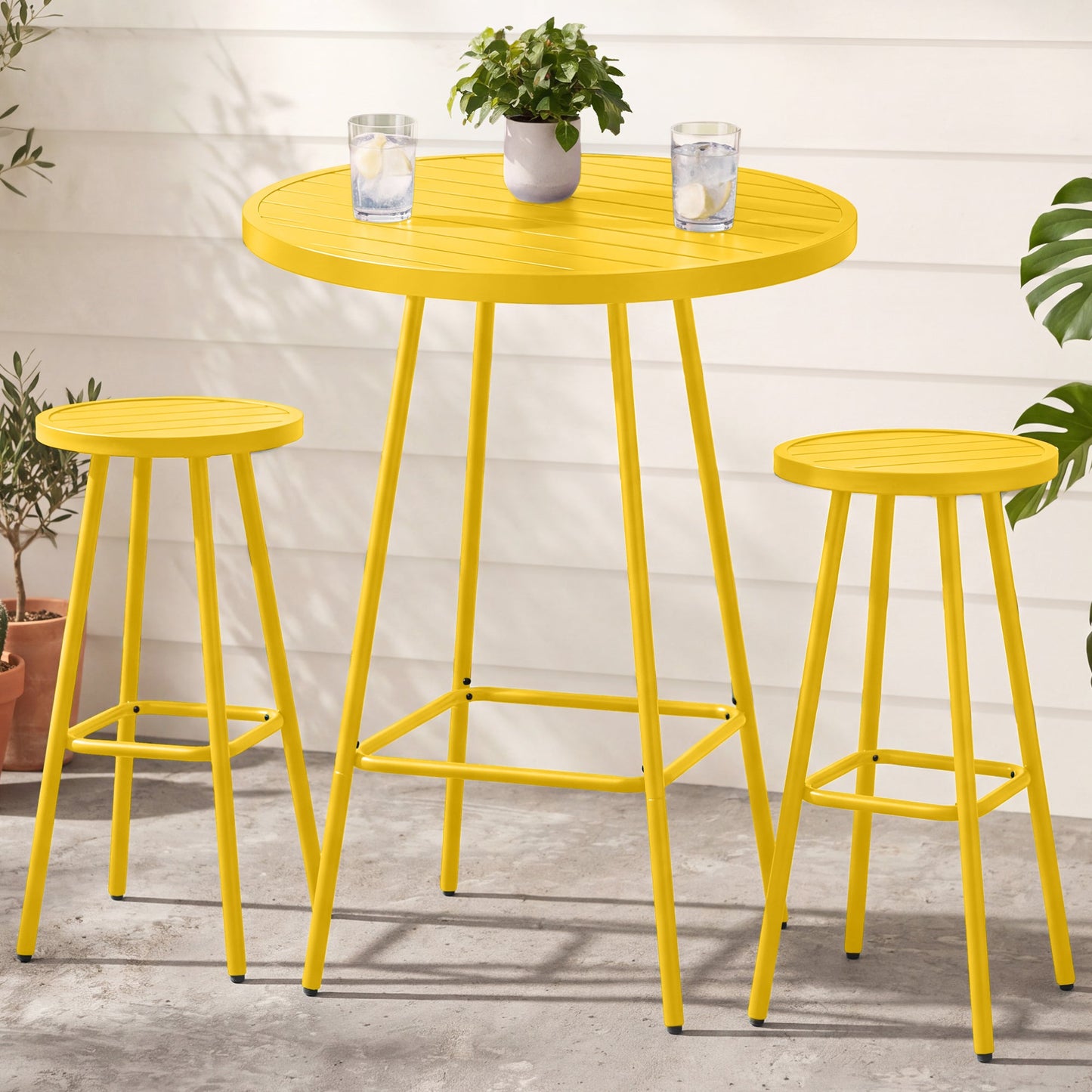 3-Piece Patio Bar Height Bistro Set w/ Backless Stools, Slatted Design