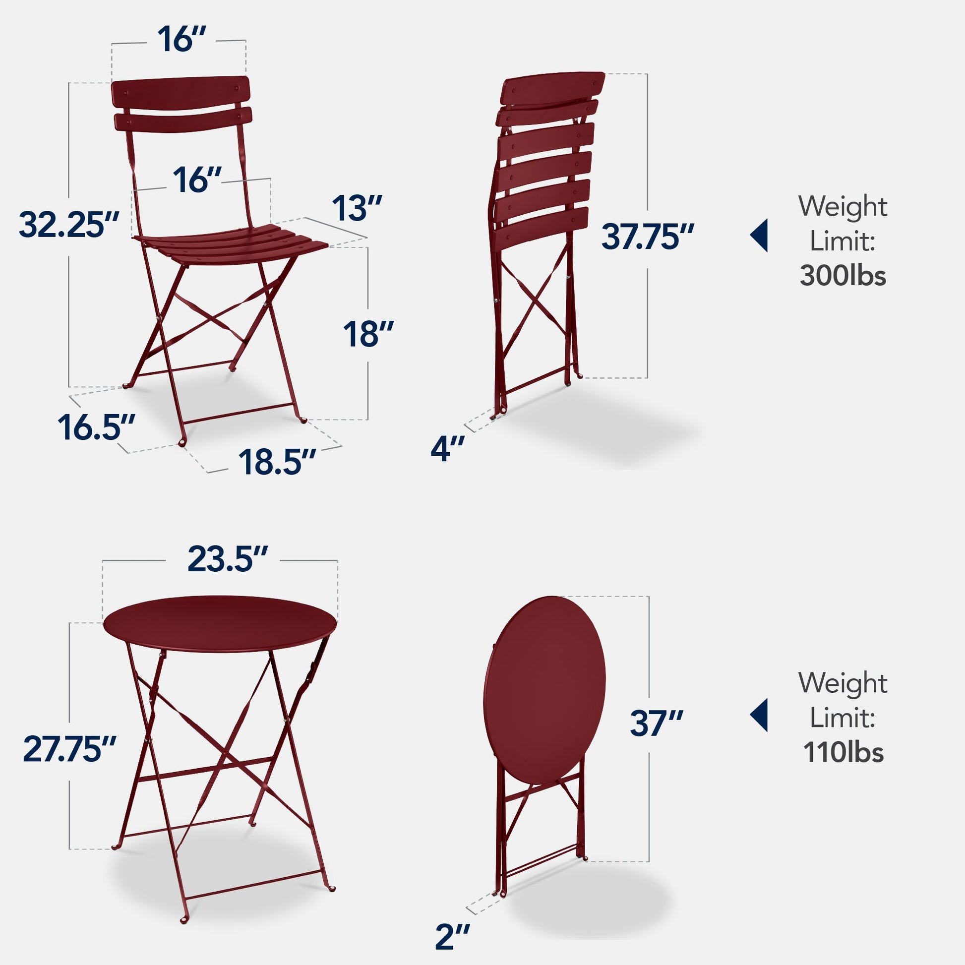 3-Piece Small Folding Patio Bistro Set w/ 2 Chairs