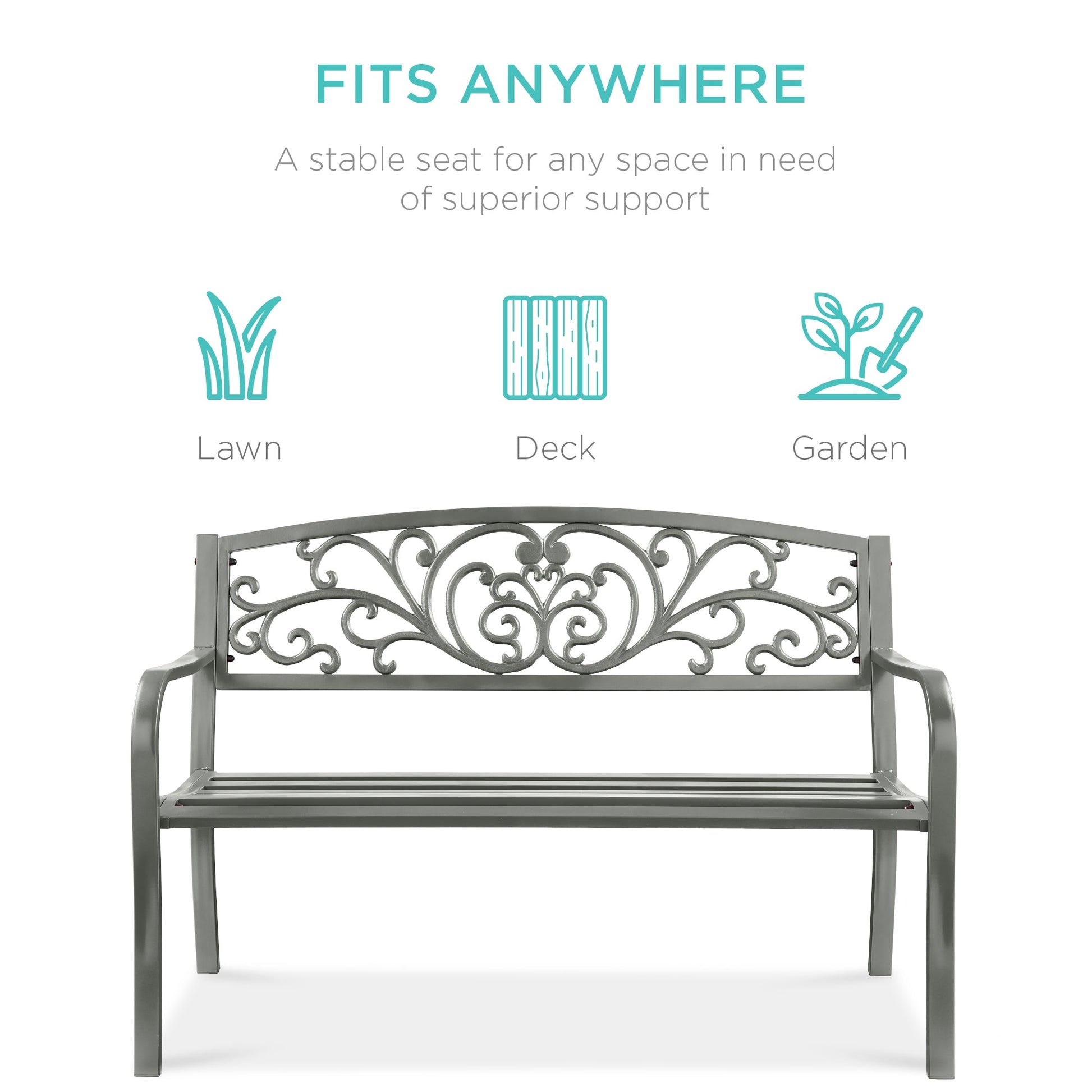 Steel Bench for Outdoor, Patio, Garden w/ Floral Design - 50in