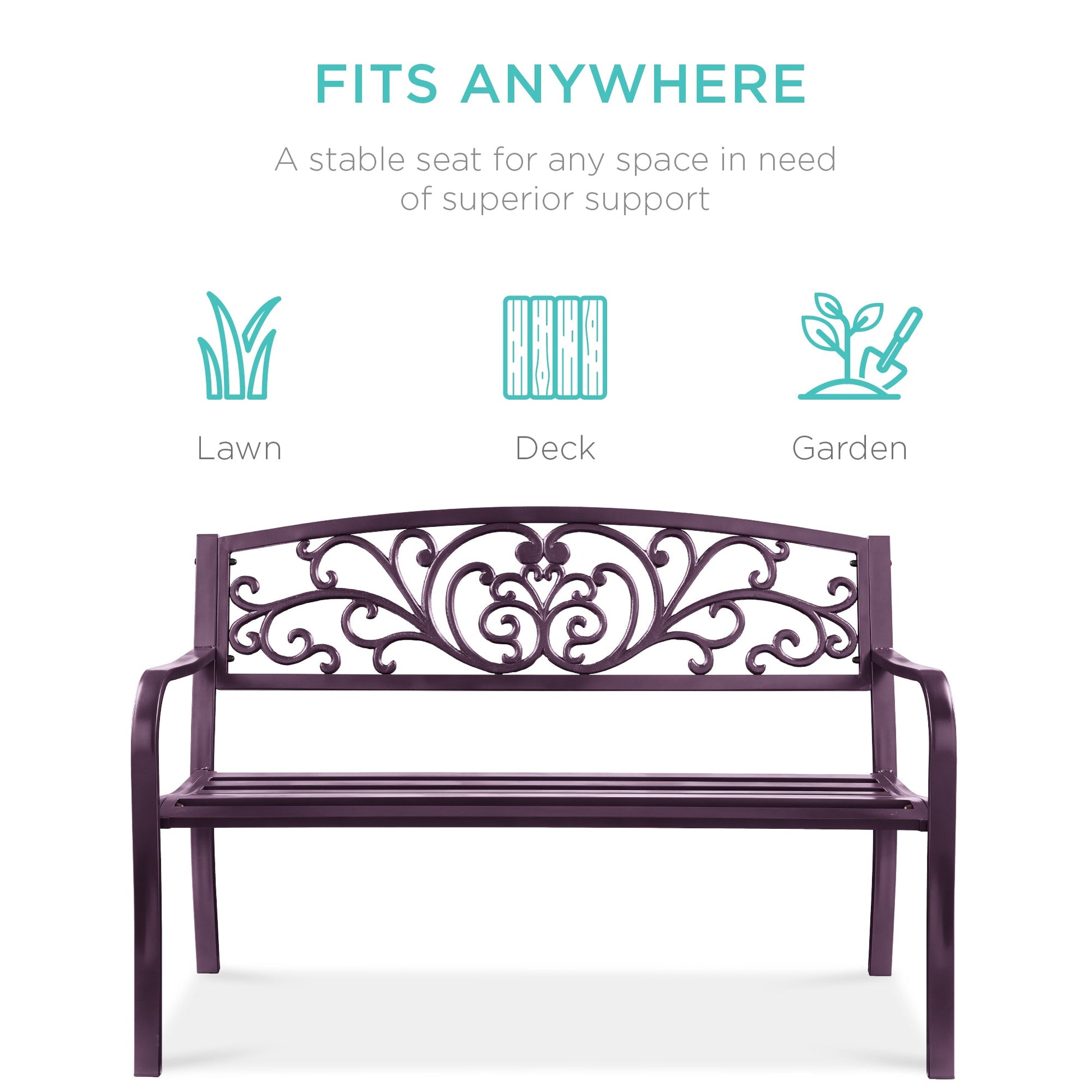 Steel Bench for Outdoor, Patio, Garden w/ Floral Design - 50in