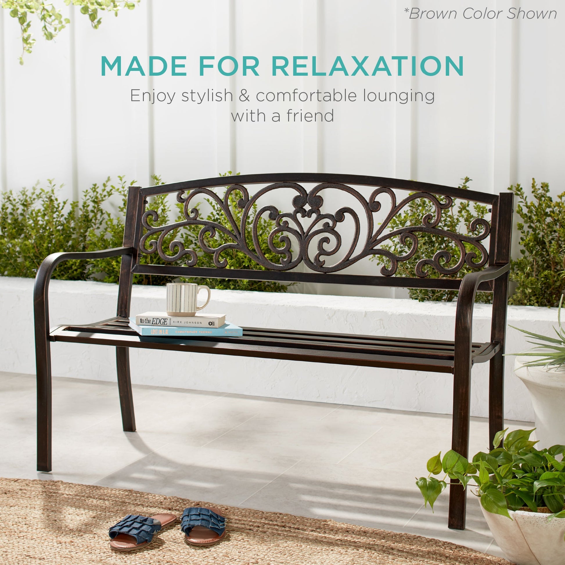 Steel Bench for Outdoor, Patio, Garden w/ Floral Design - 50in