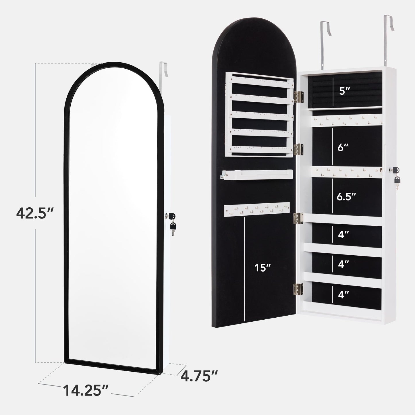 Door/Wall Mounted Arch Mirror Jewelry Armoire, w/ Metal Frame, Built-In Lock